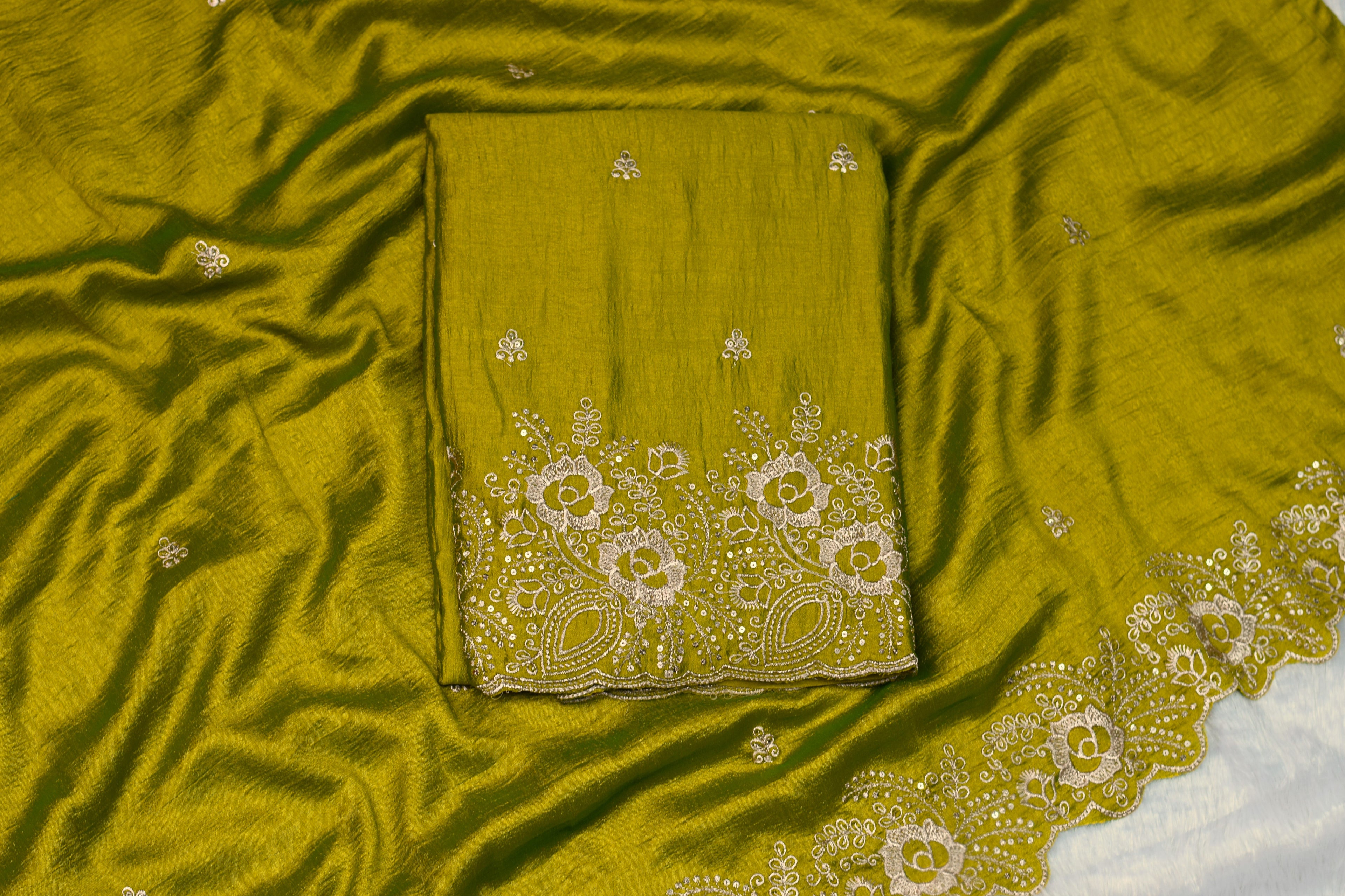 Green Embroidered Churidar Set Material with Floral Border- vichitra silk