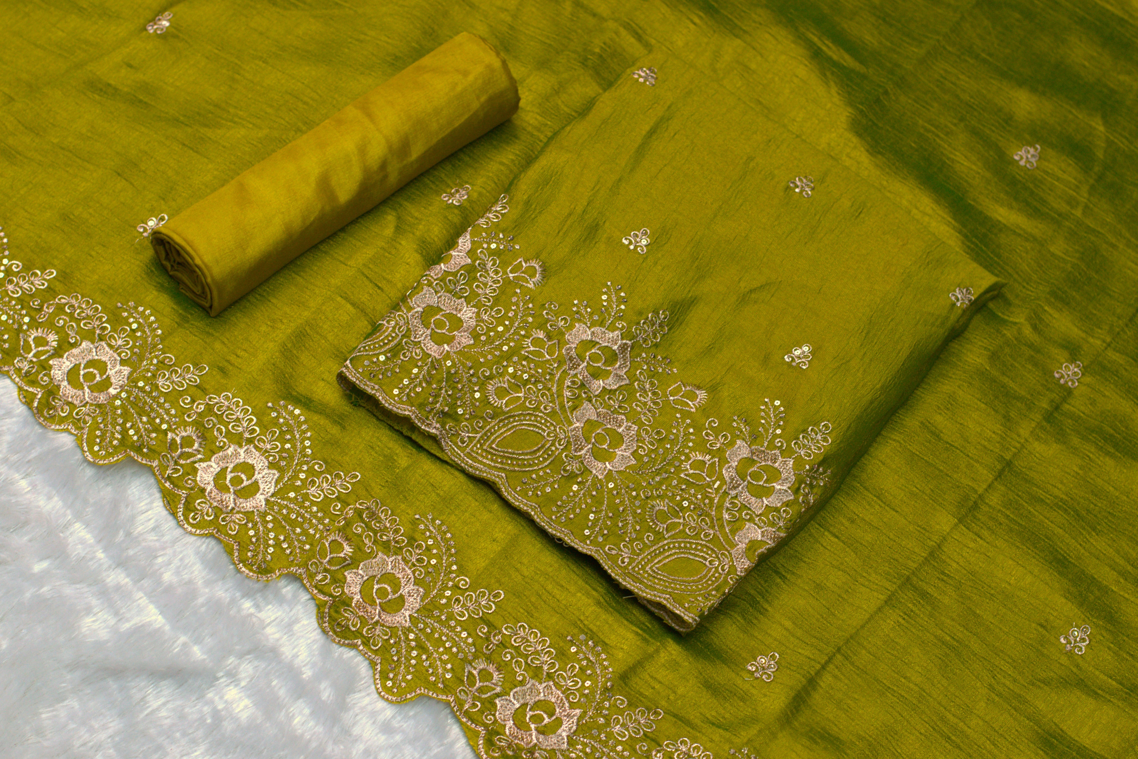 Green Embroidered Churidar Set Material with Floral Border- vichitra silk - View 3 - Silk Floral Embroidered - Nushio