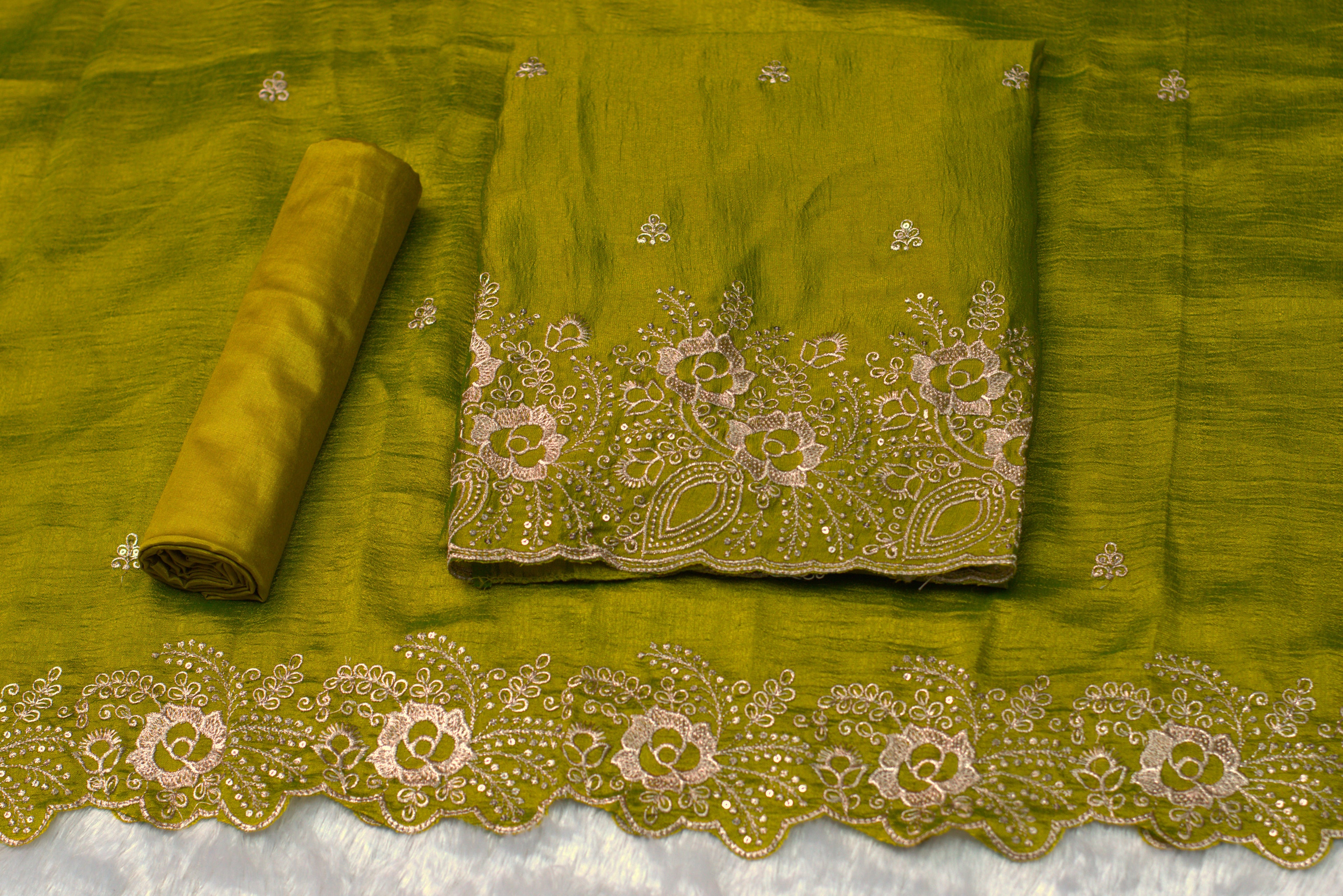 Green Embroidered Churidar Set Material with Floral Border- vichitra silk - Main Product Image - Silk Floral Embroidered - Nushio
