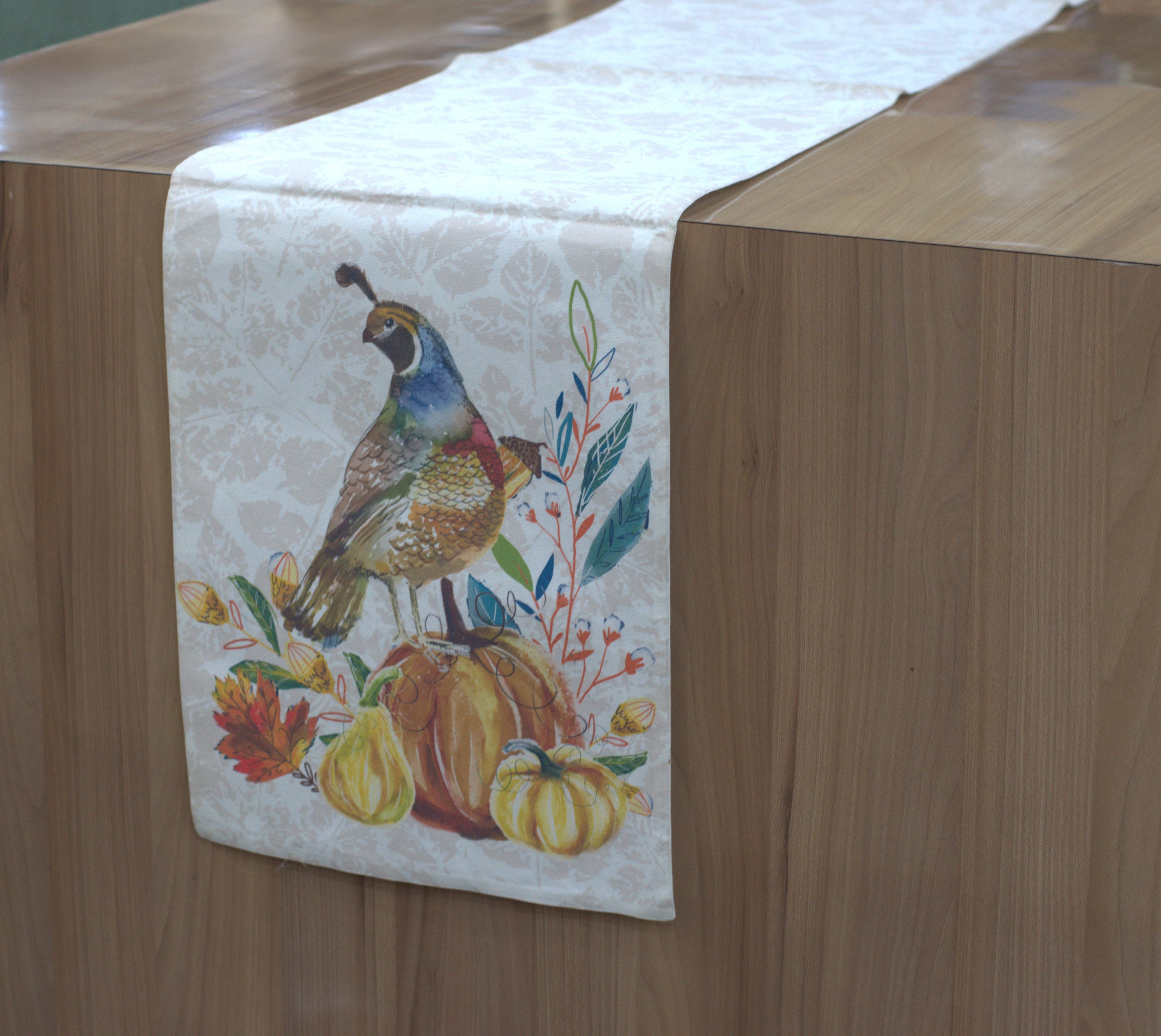 Autumn Quail & Pumpkin Printed Table Runner - 180 x 35 cm - View 2 - Printed - Nushio