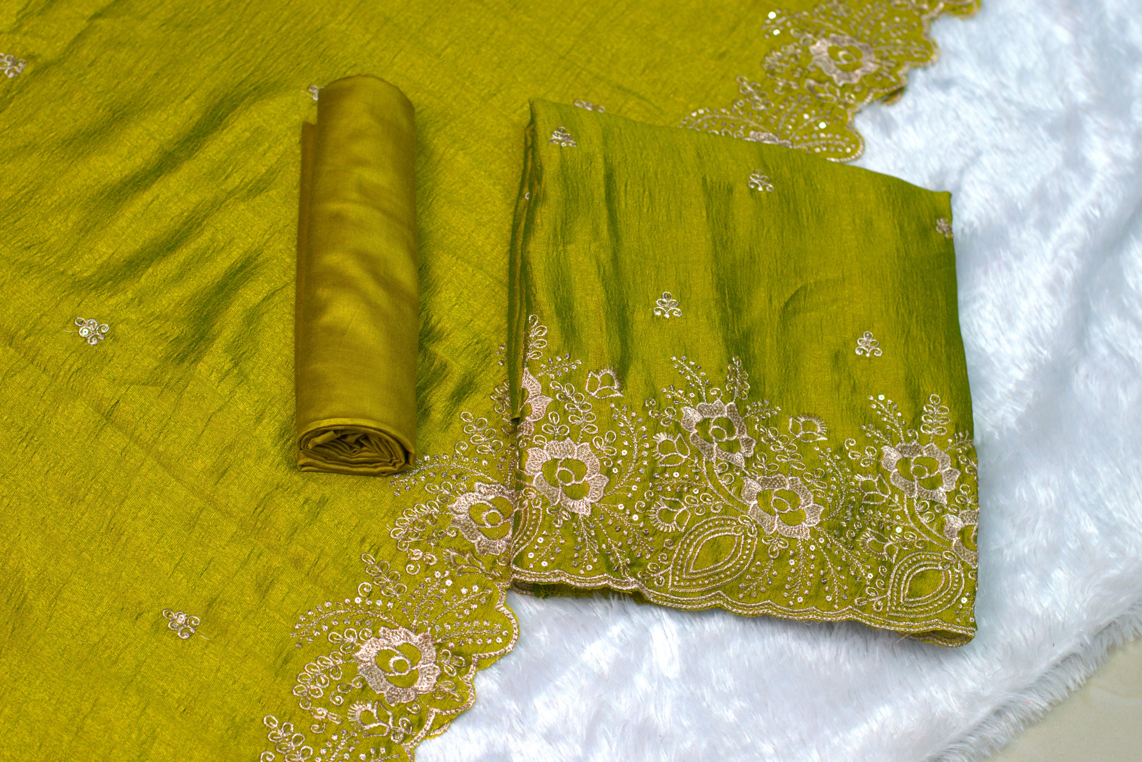 Green Embroidered Churidar Set Material with Floral Border- vichitra silk - View 2 - Silk Floral Embroidered - Nushio