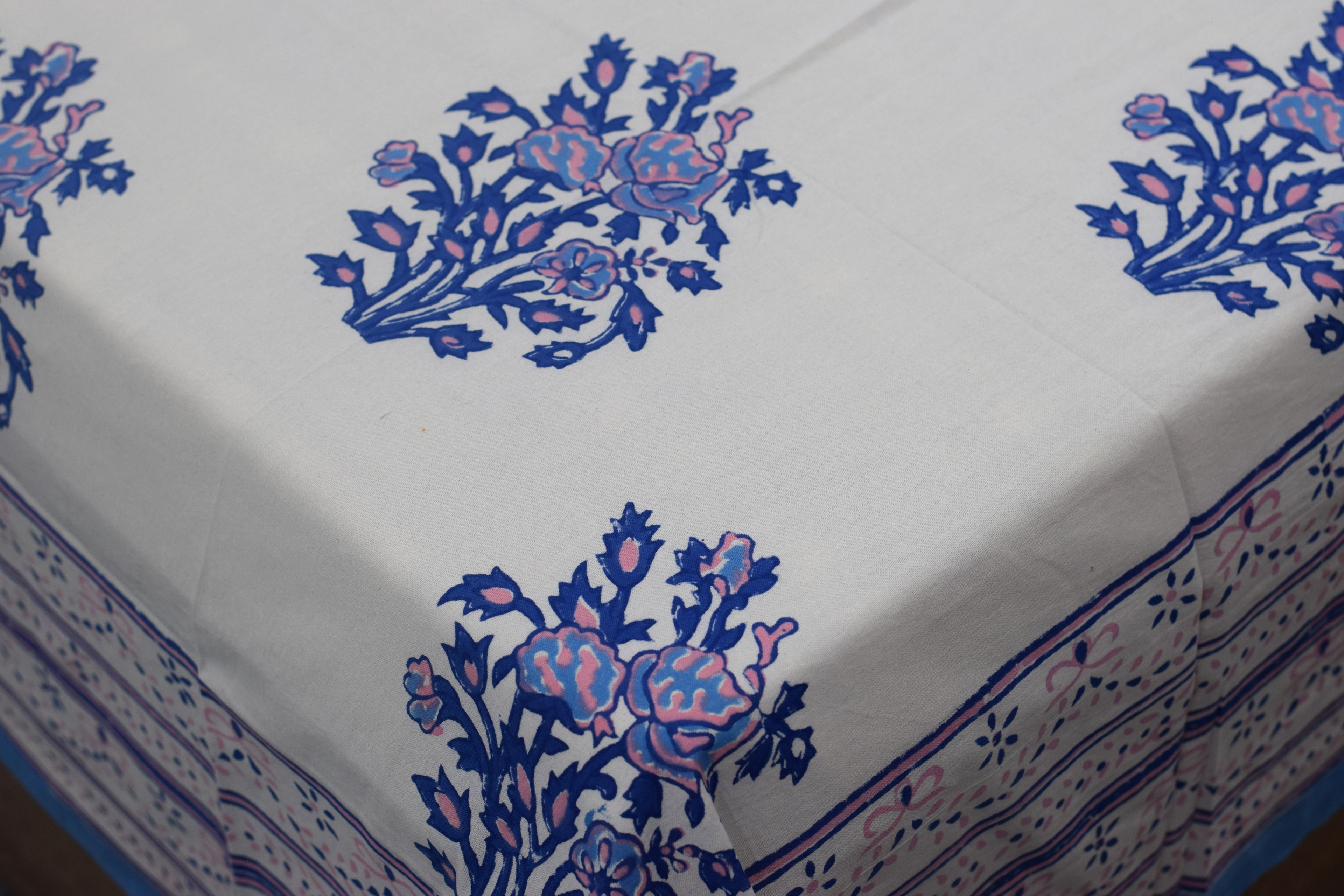 Blue Floral Print King Size Cotton Bedsheet with 2 Pillow Covers - View 3 - Cotton Floral - Nushio