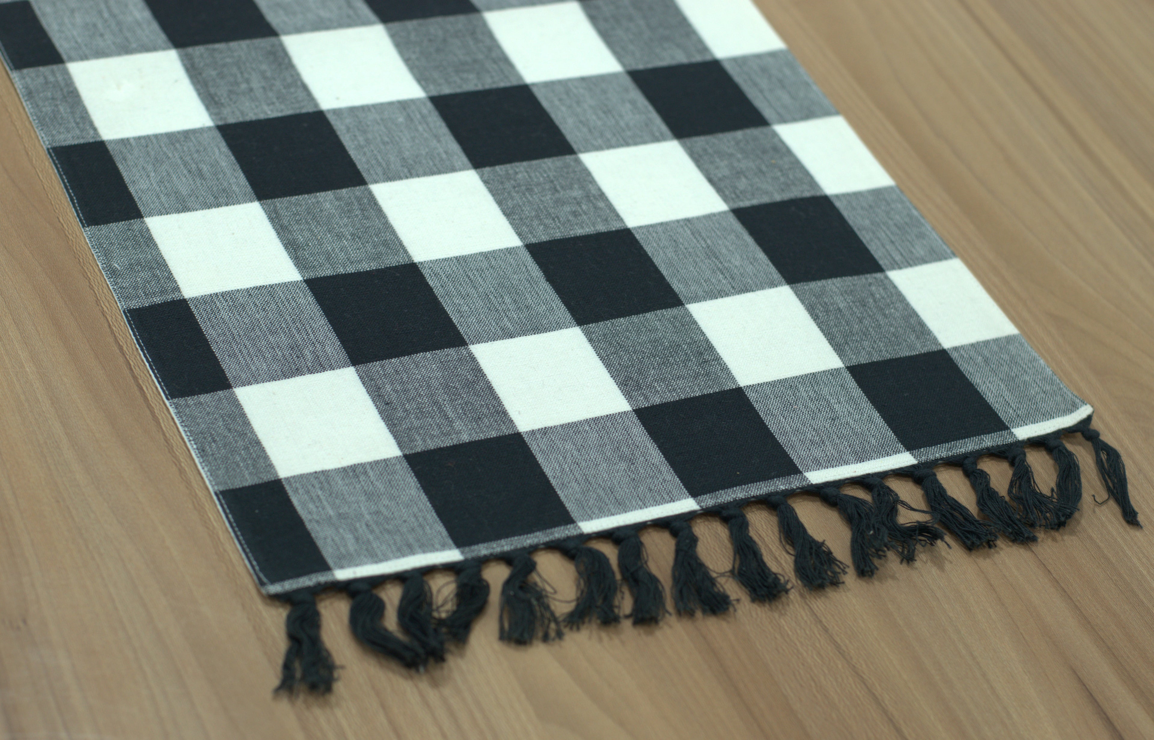 Black & White Checkered Table Runner with Tassels - View 2 - Nushio