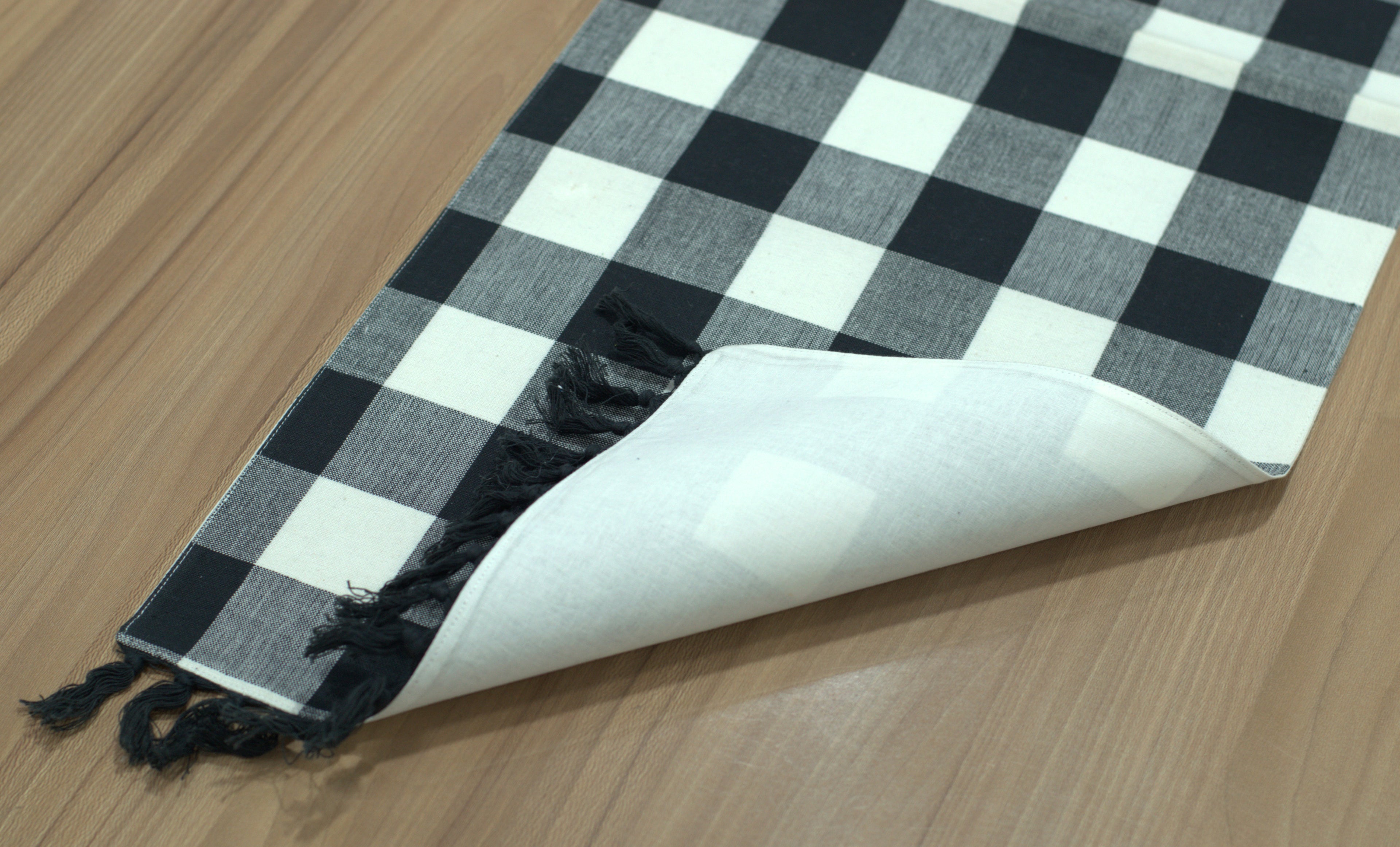 Black & White Checkered Table Runner with Tassels | Nushio