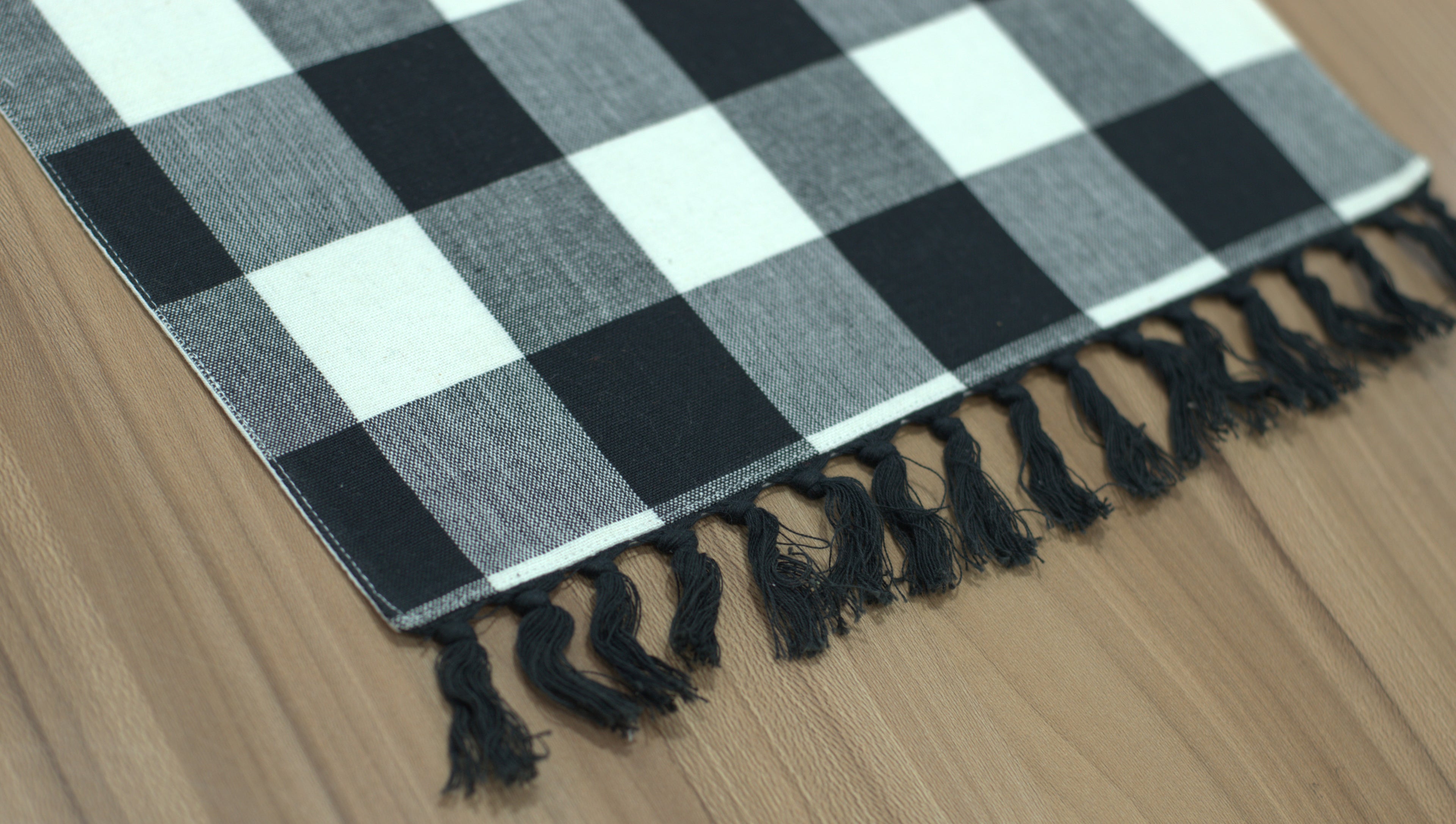 Black & White Checkered Table Runner with Tassels - View 3 - Nushio