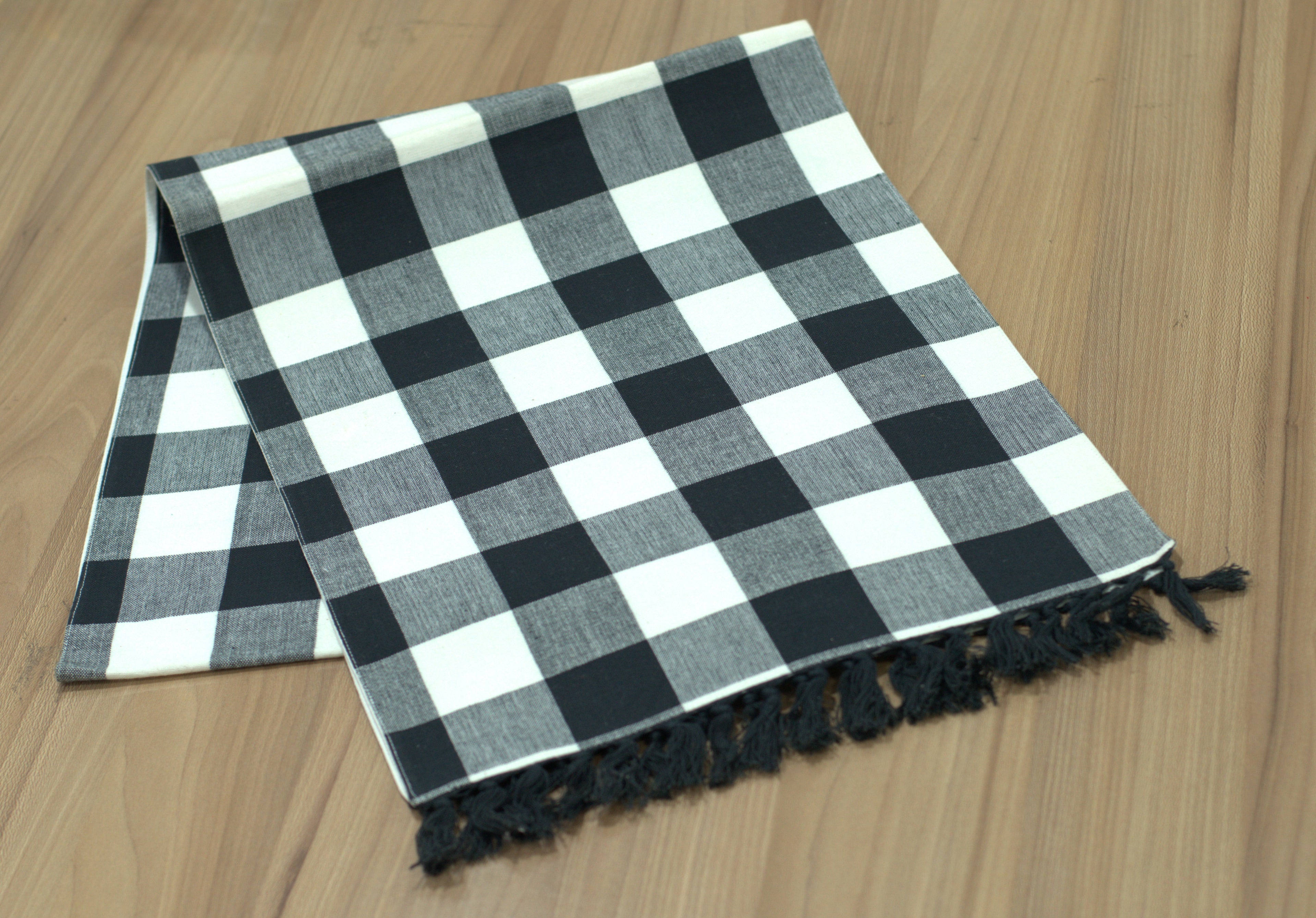 Black & White Checkered Table Runner with Tassels | Nushio