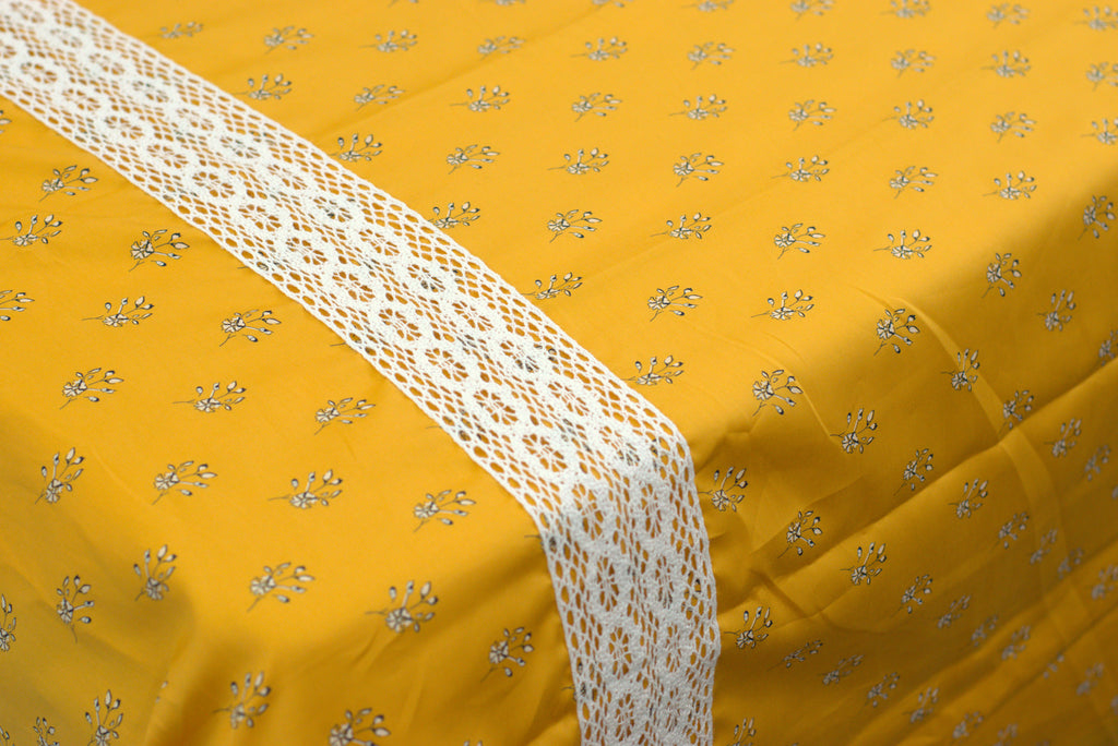 Luxury Mustard Yellow King Size Bedspread Set with Elegant Lace Border