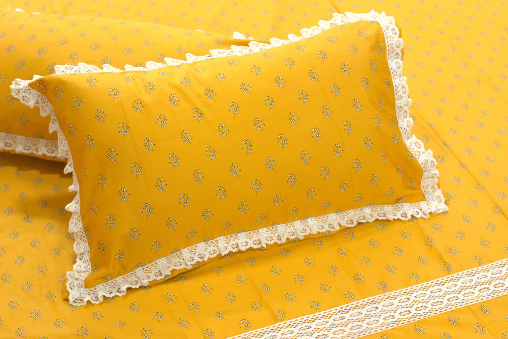 Luxury Mustard Yellow King Size Bedspread Set with Elegant Lace Border