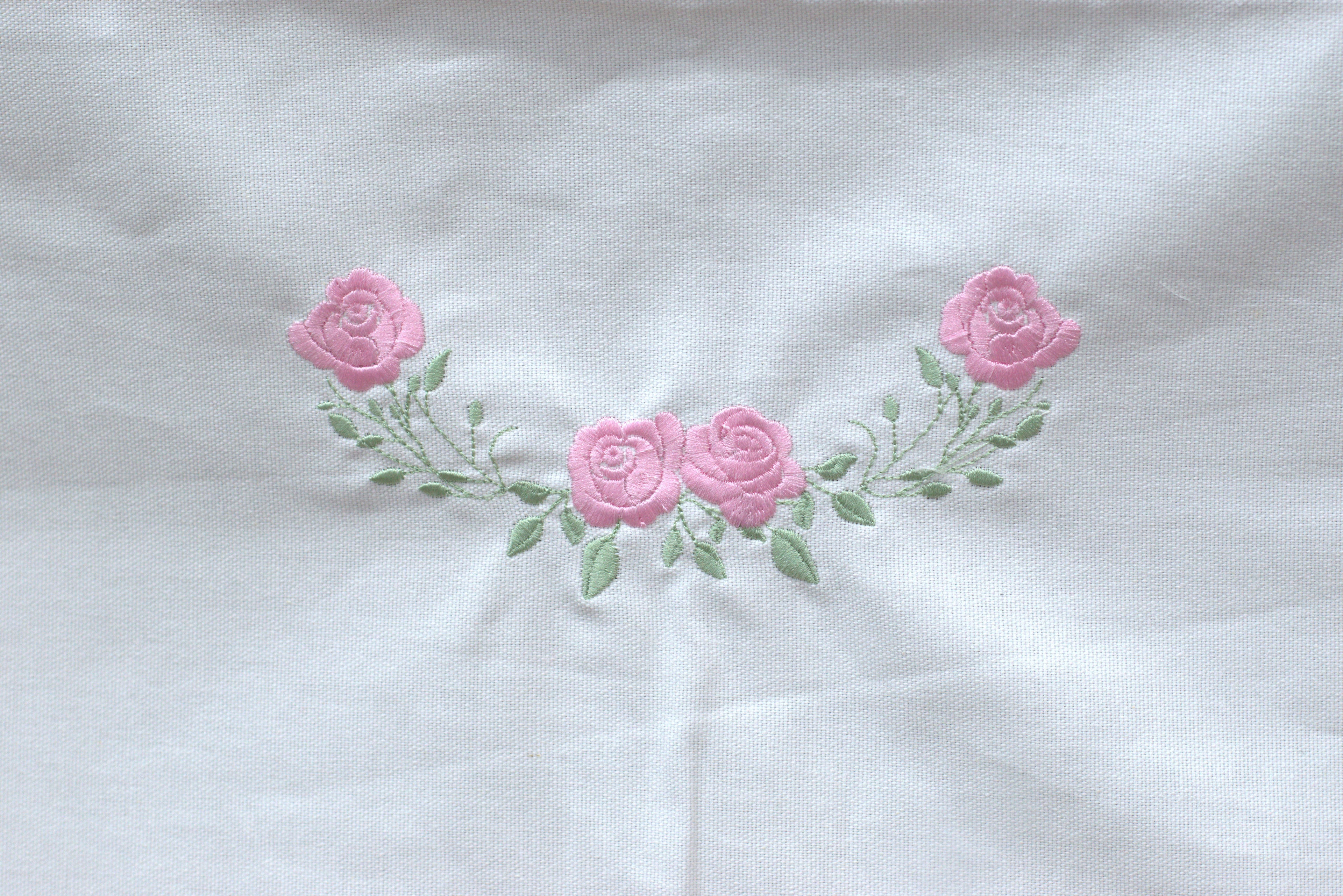 White Chair Back Cover Set (5 Seater) with Pink Floral Embroidery & Lace Border