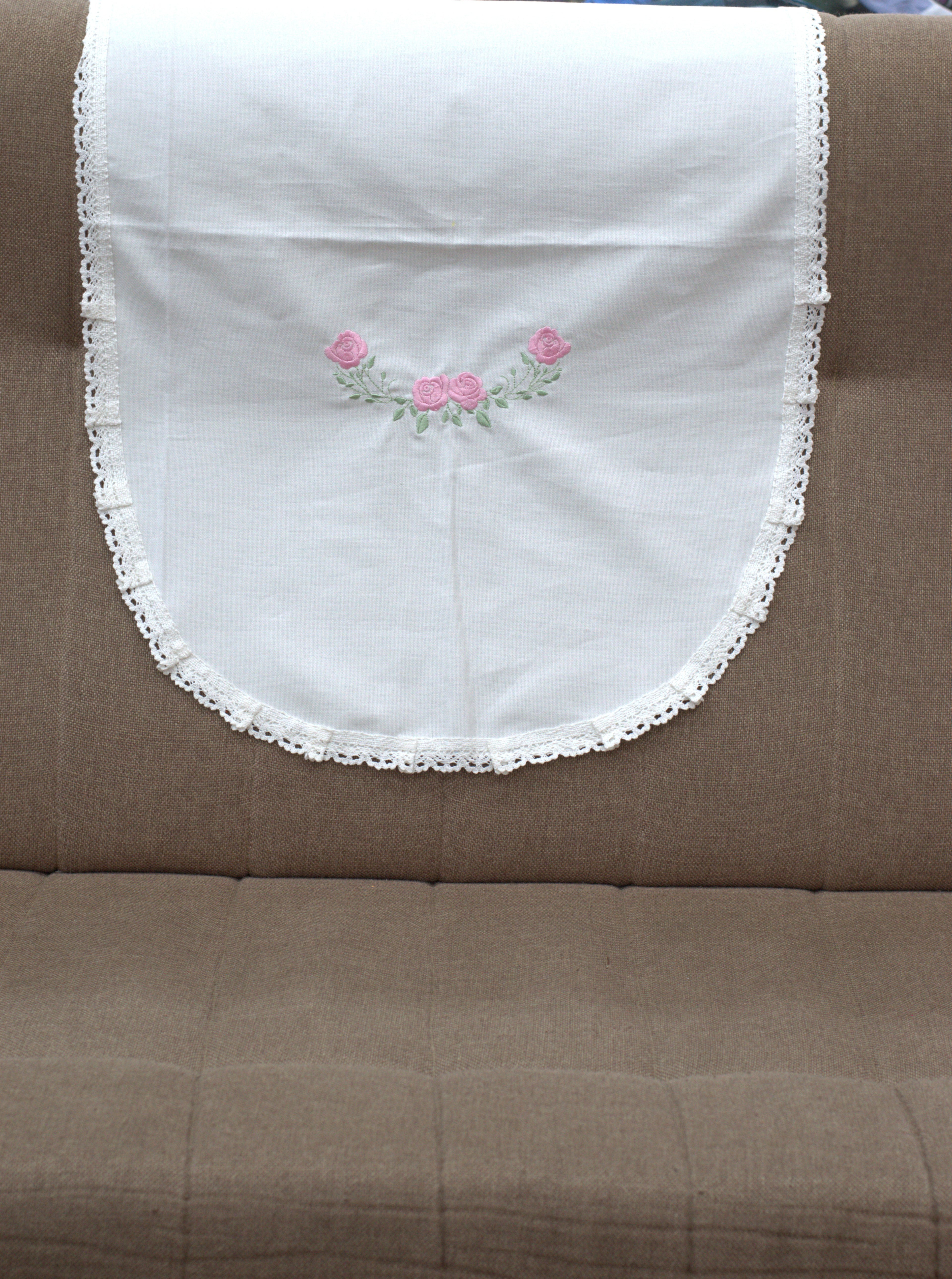 White Chair Back Cover Set (5 Seater) with Pink Floral Embroidery & Lace Border