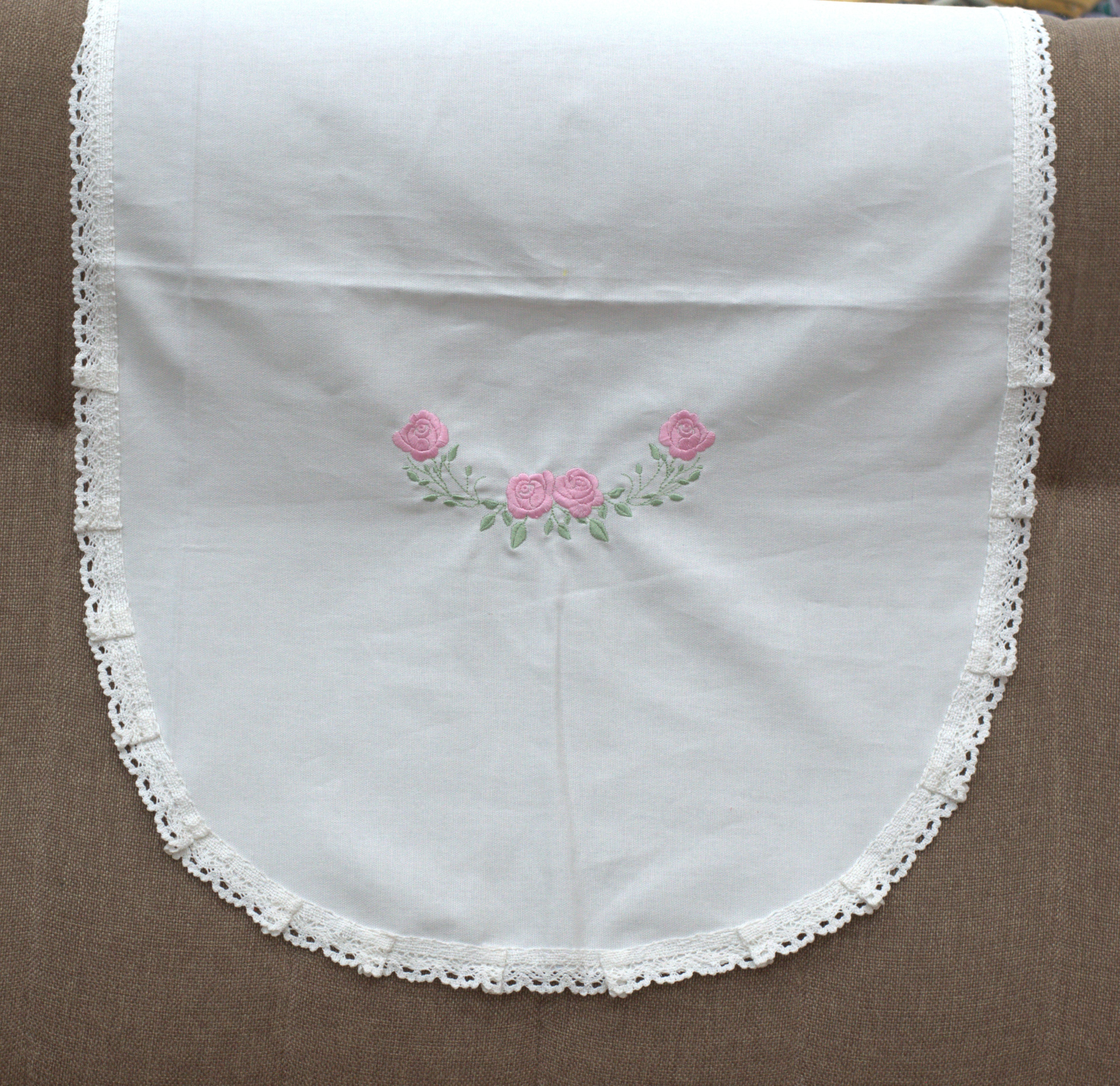 White Chair Back Cover Set (5 Seater) with Pink Floral Embroidery & Lace Border