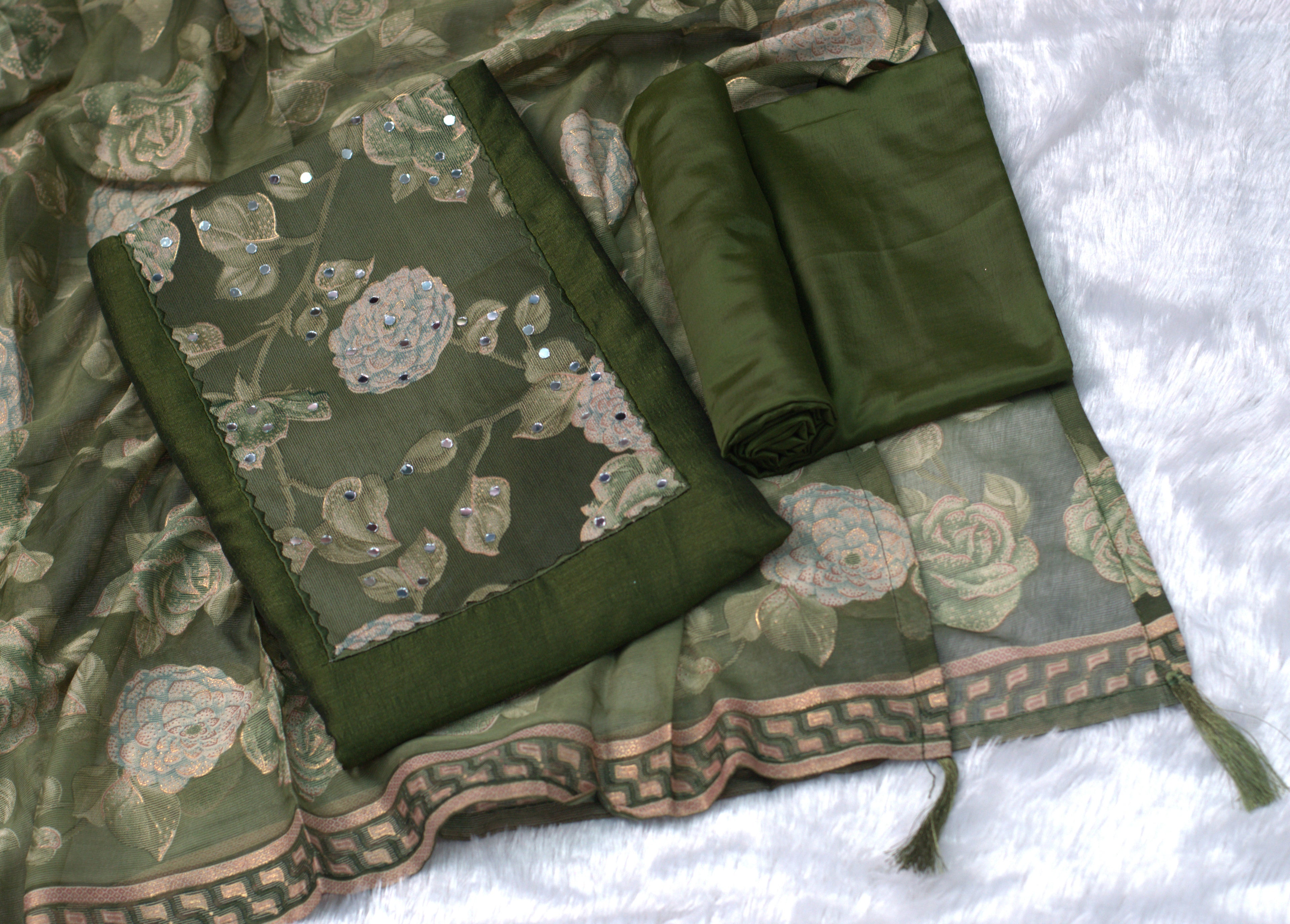 Vijithra Silk Churidar Set Material - Floral Embroidered Design