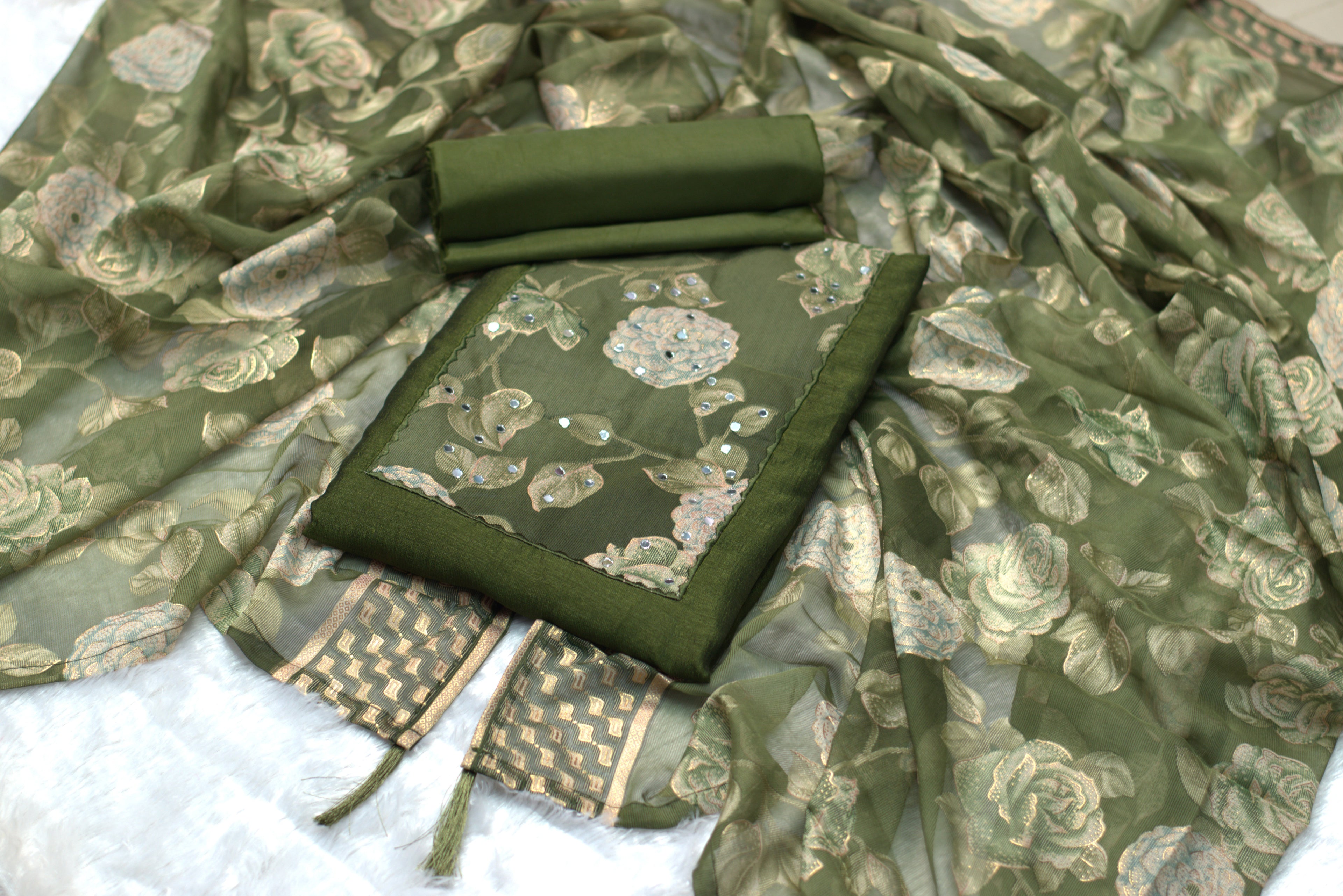 Vijithra Silk Churidar Set Material - Floral Embroidered Design