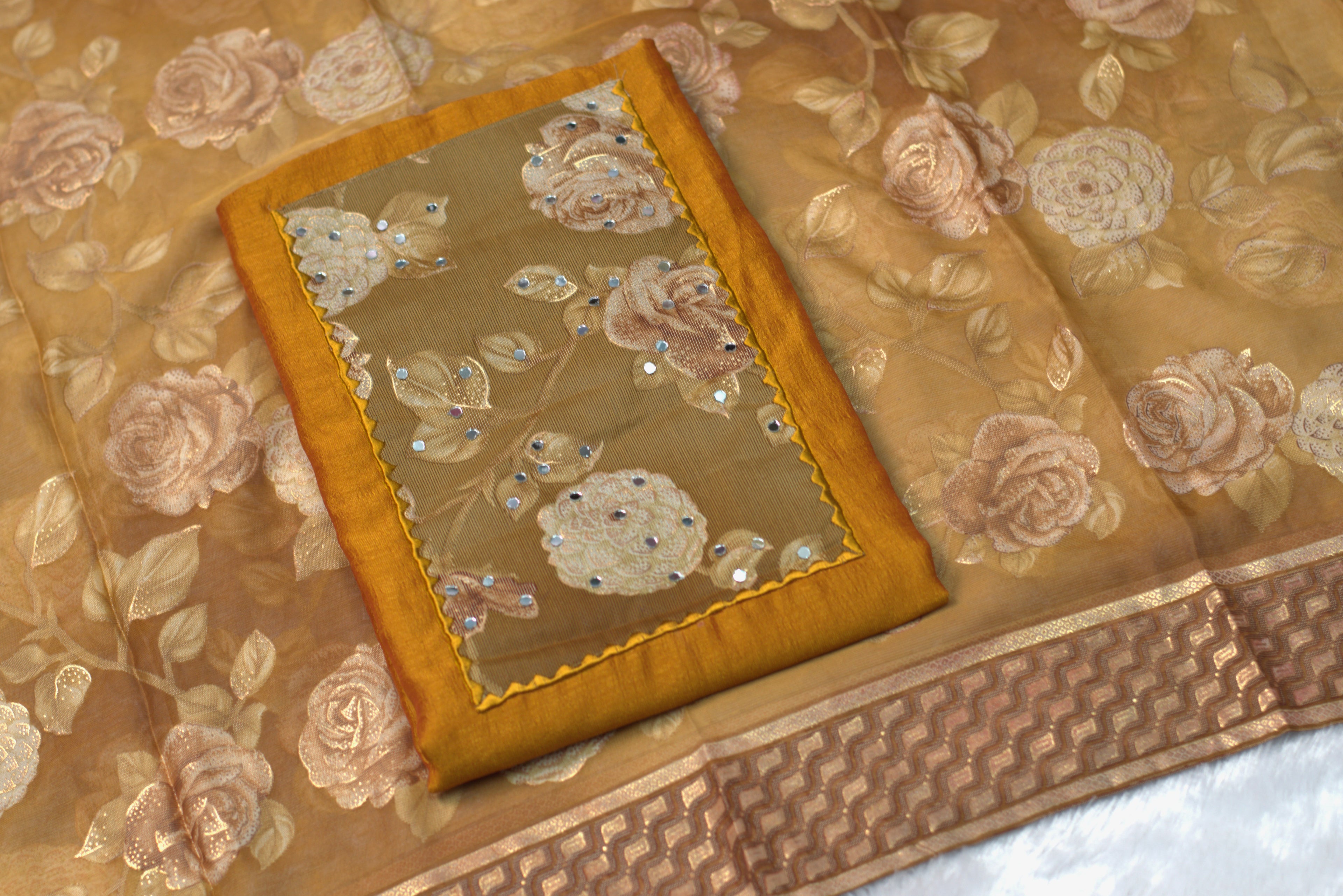 Vichitra Silk Churidar Set Material – Mustard Floral Embroidered Designer Dress Material