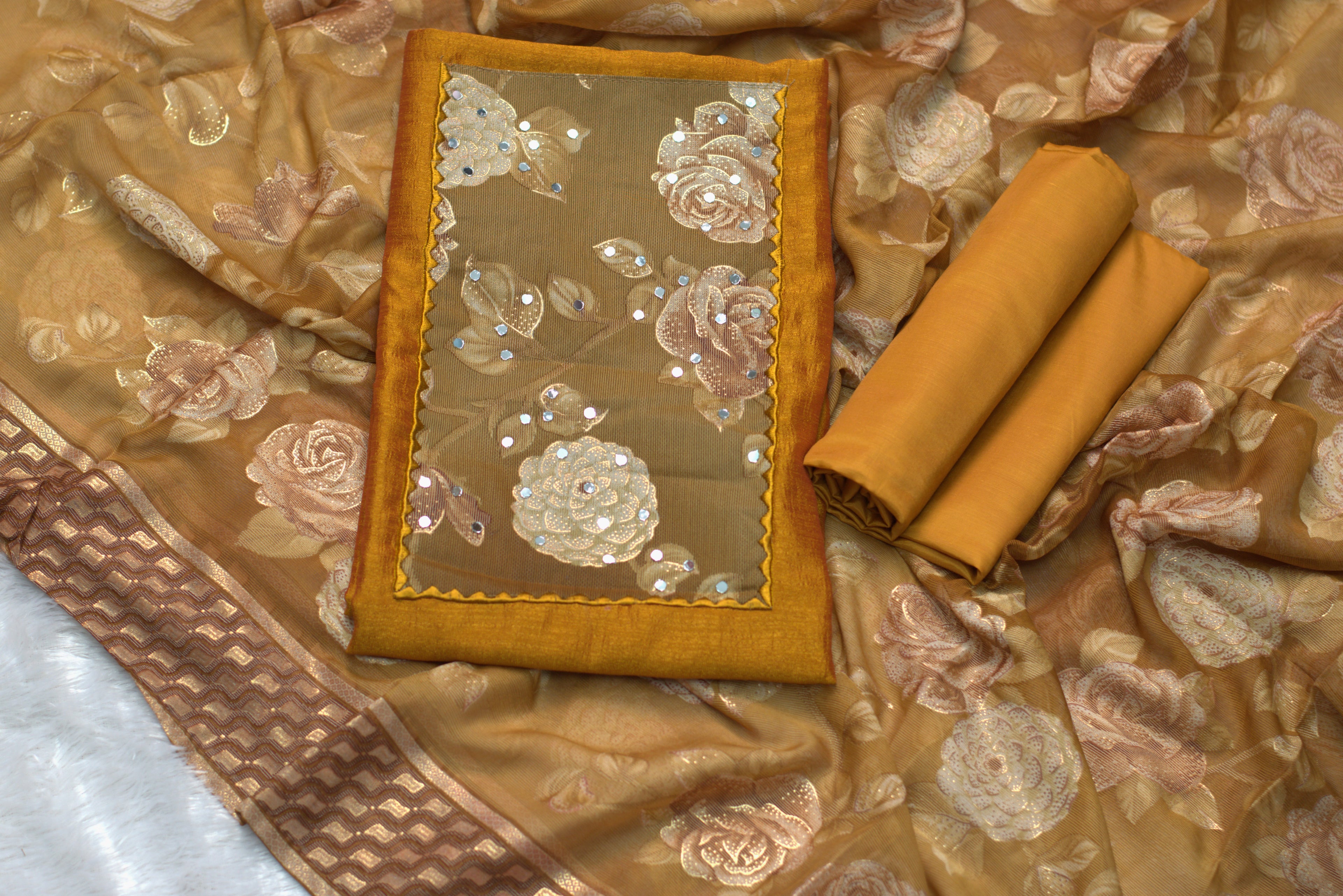 Vichitra Silk Churidar Set Material – Mustard Floral Embroidered Designer Dress Material