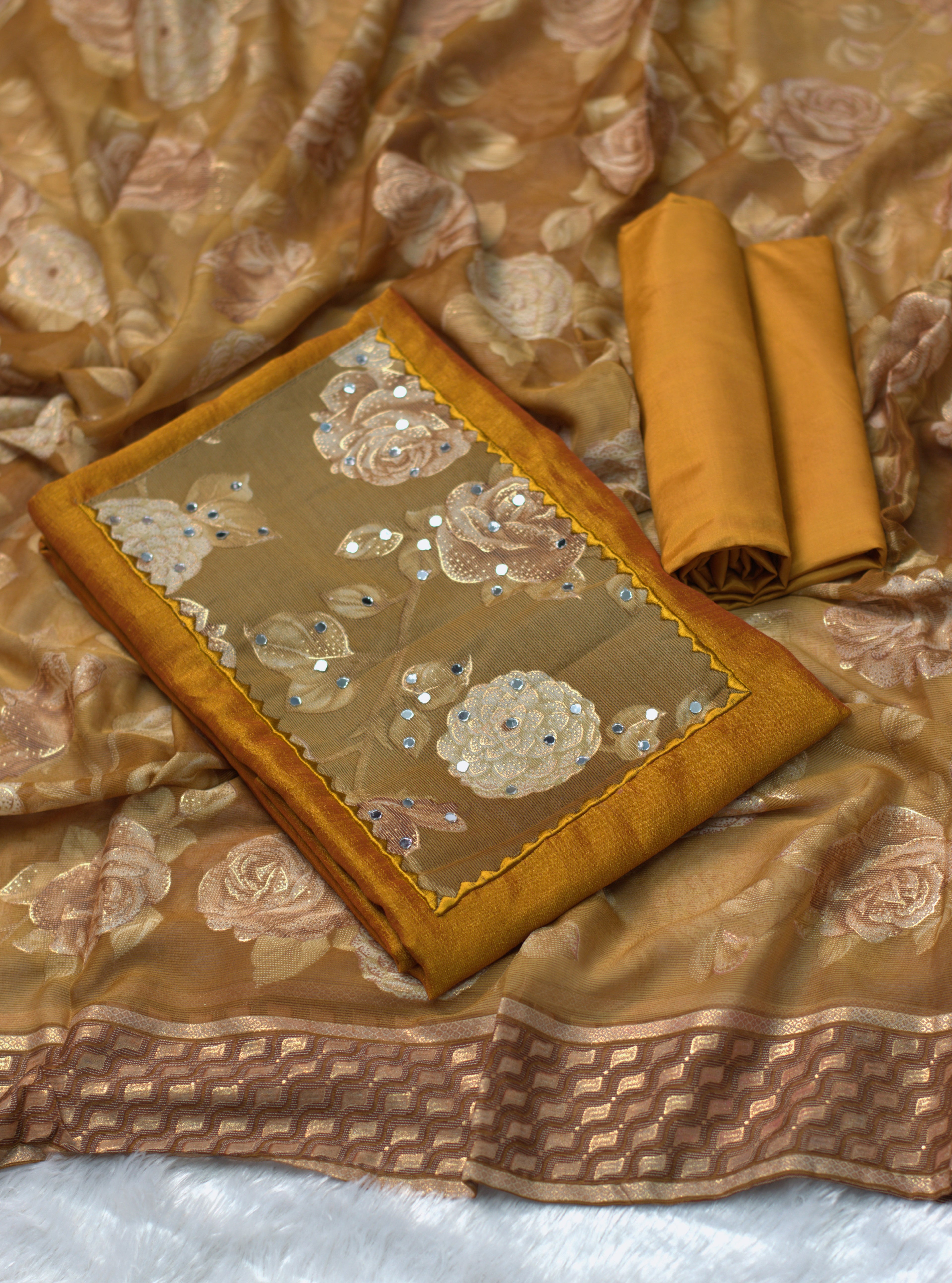 Vichitra Silk Churidar Set Material – Mustard Floral Embroidered Designer Dress Material