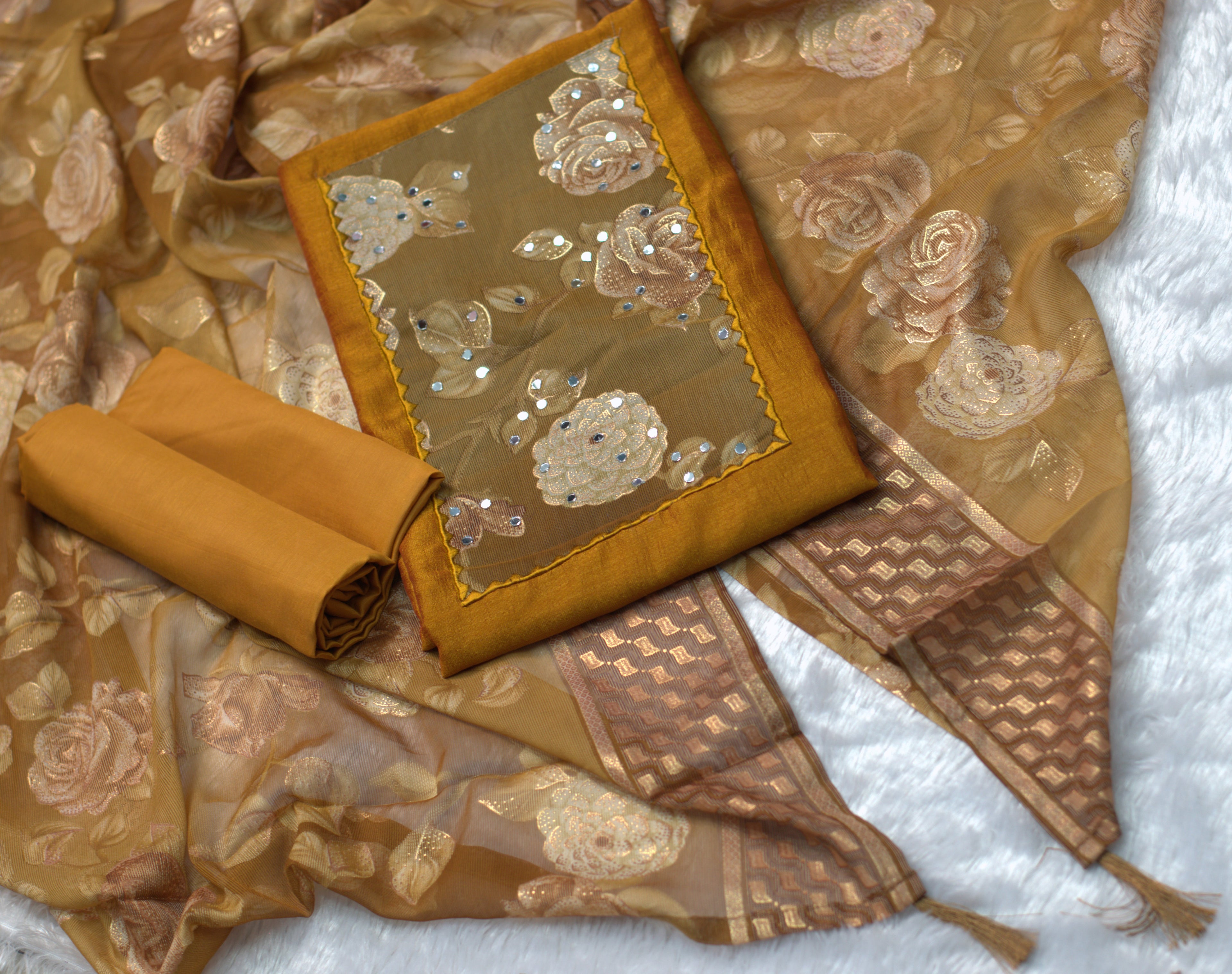 Vichitra Silk Churidar Set Material – Mustard Floral Embroidered Designer Dress Material