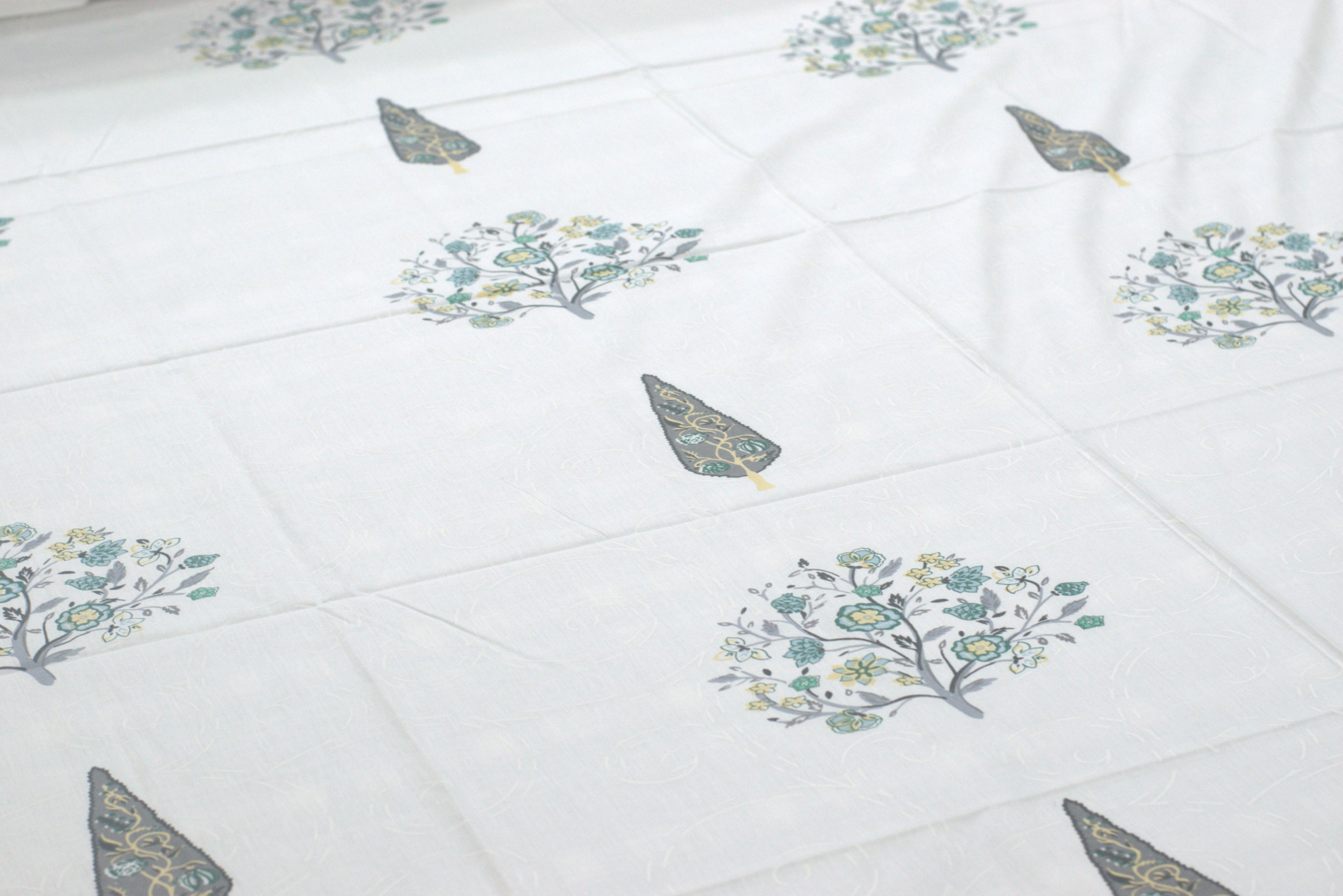 Botanical Tree Block-Print Queen Cotton Bedsheet Set with 2 Pillow Covers - View 3 - Cotton - Nushio