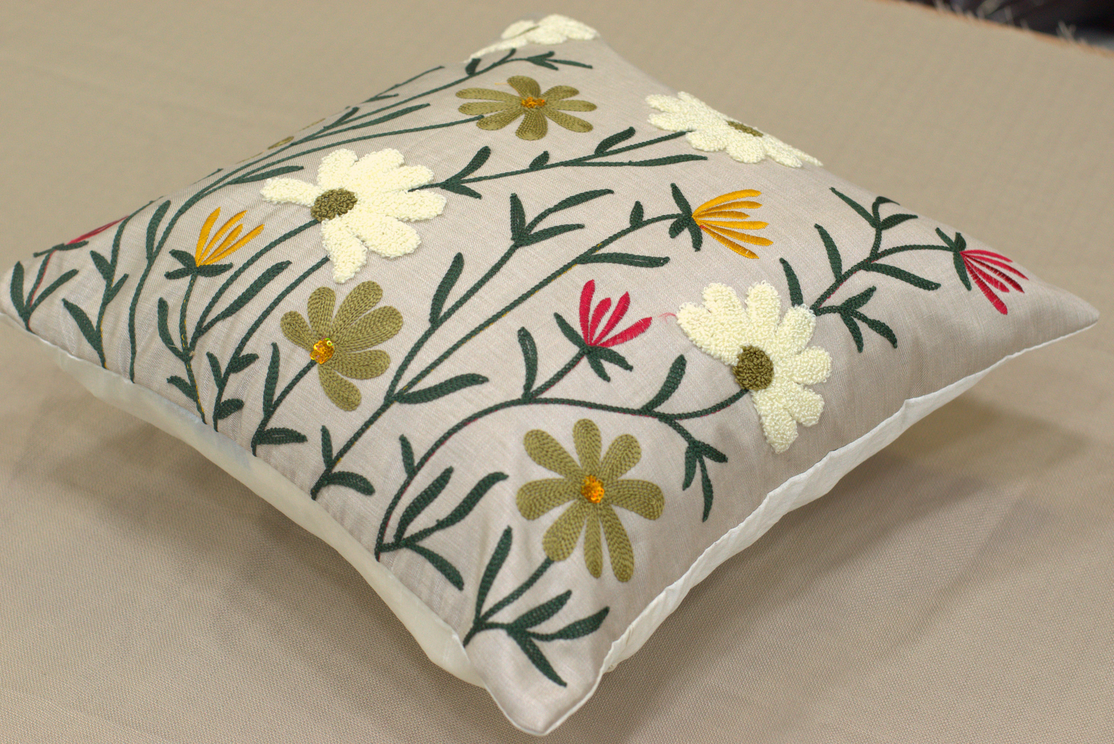 Floral Embroidered Cushion Cover Set (16x16 Inch) - Set of 5 - View 2 - Floral Embroidered - Nushio