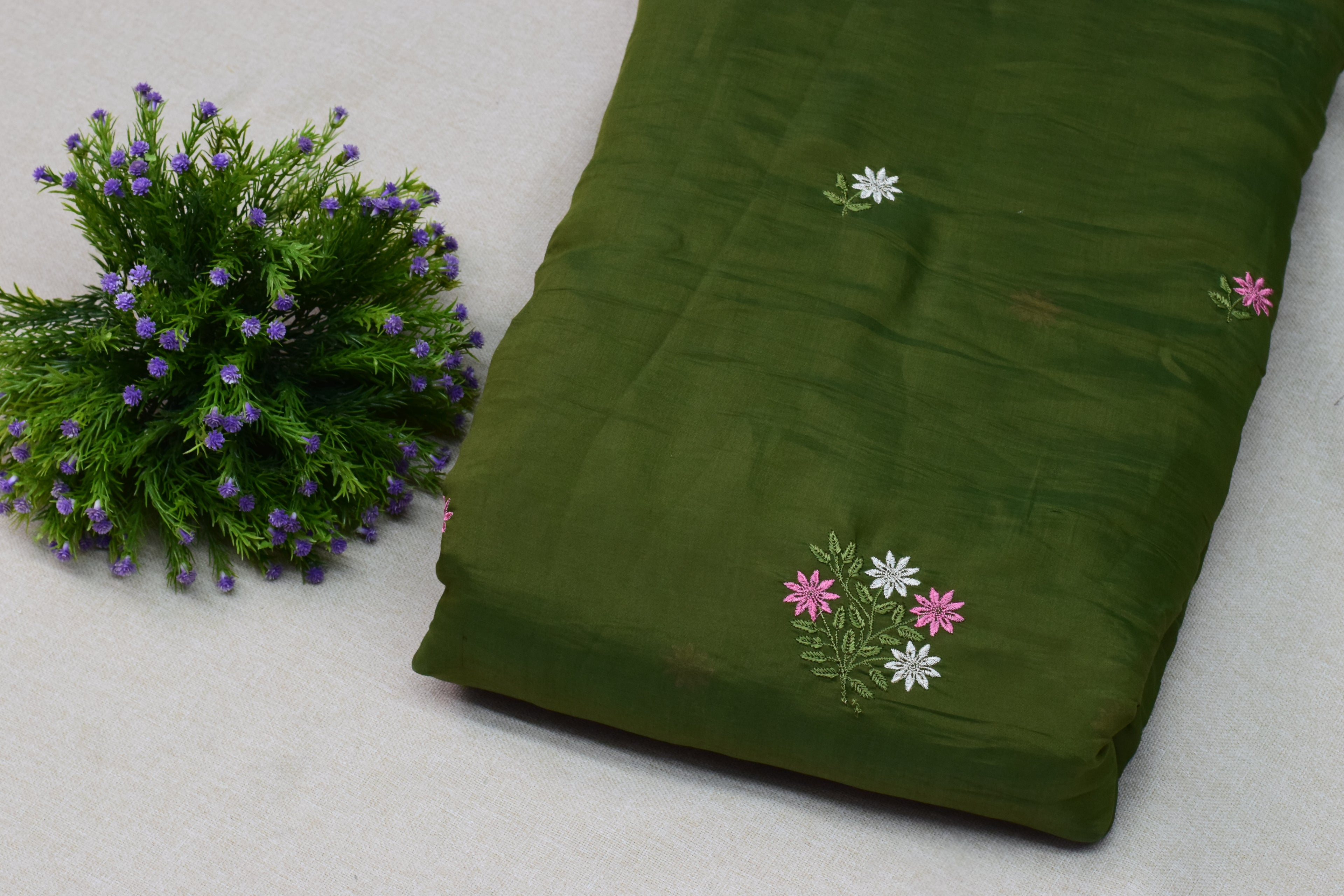 Olive Green Mul Chanderi Fabric - View 2 - Nushio