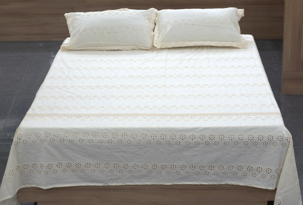Elegant King Size Cotton Bedspread with Floral Cutwork & Lace Border – Off White | Nushio