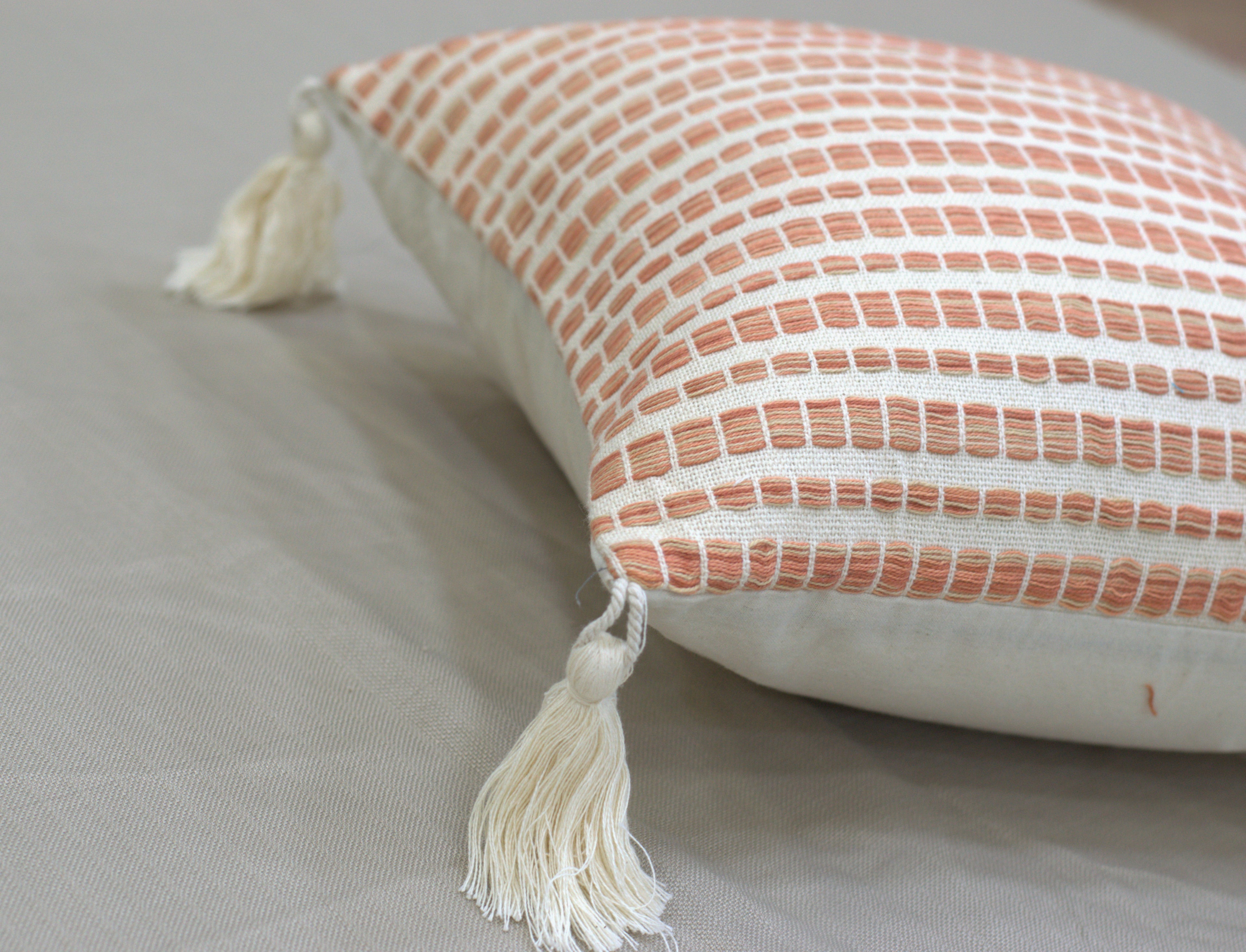 Peach &amp; Beige Textured Cushion Cover Set (16x16 Inch) – Set of 5 with Tassel Corners