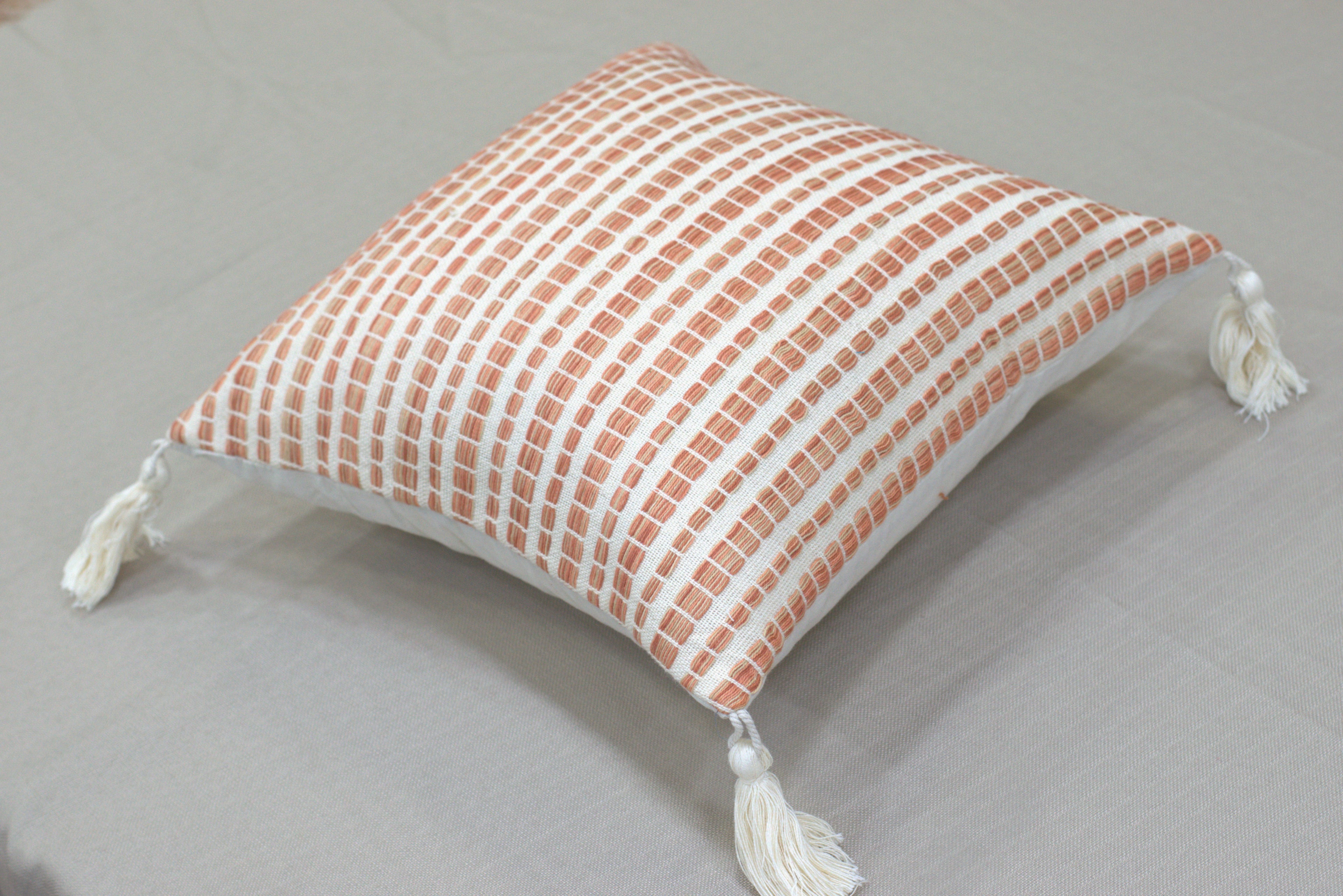 Peach &amp; Beige Textured Cushion Cover Set (16x16 Inch) – Set of 5 with Tassel Corners - View 3 - Nushio