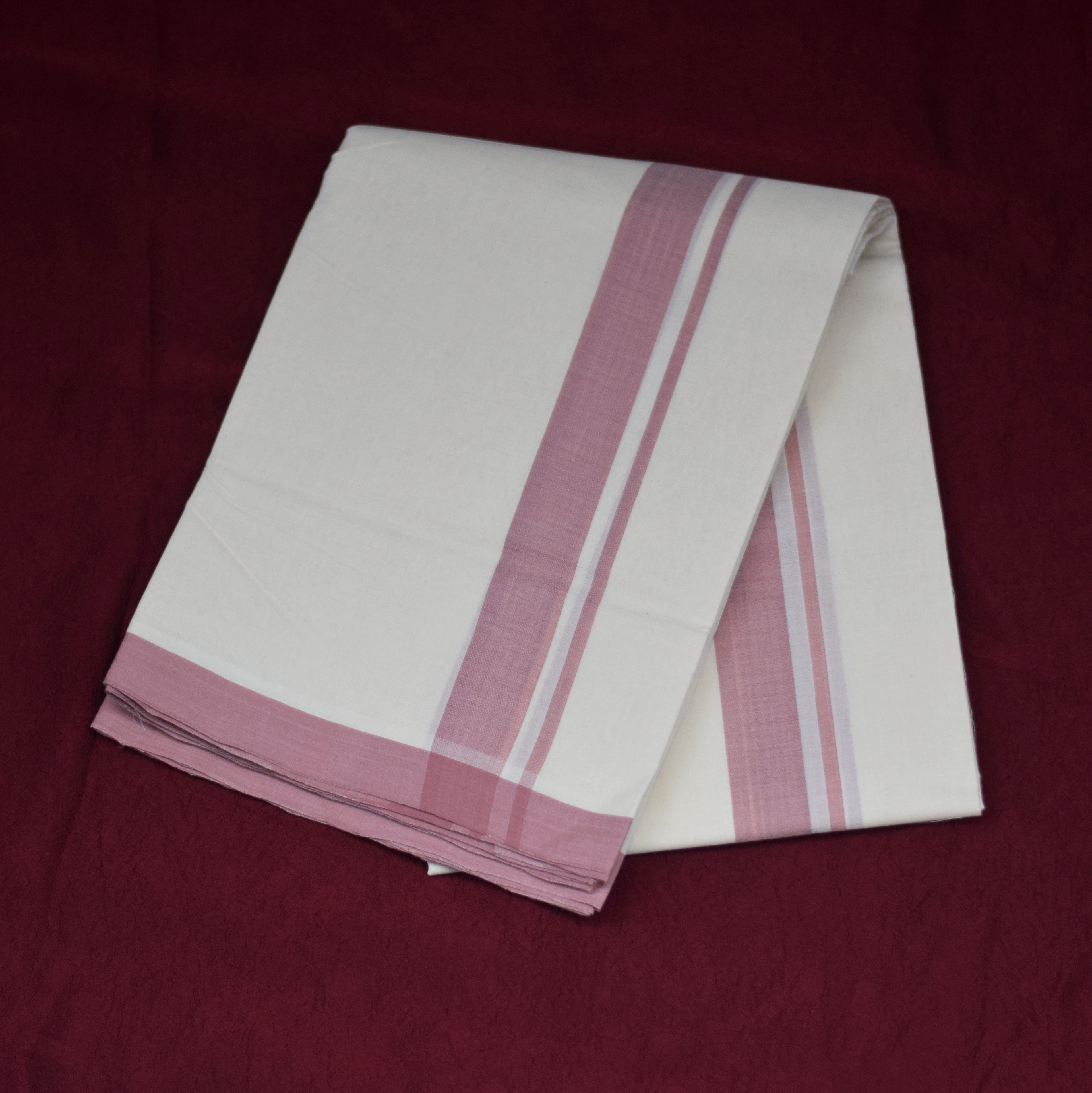 Traditional White Cotton Dhothi with Maroon Border