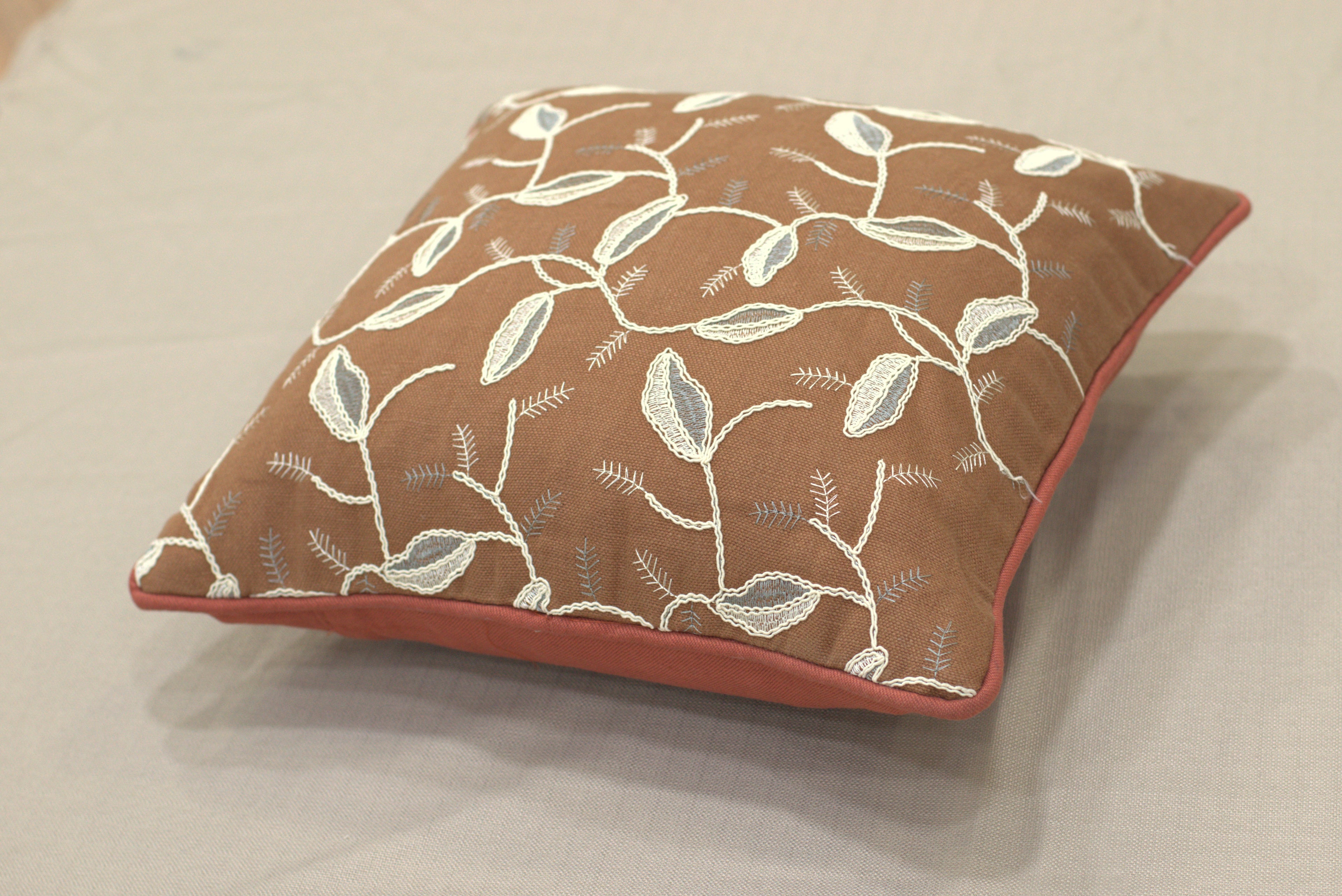 Rust Brown Embroidered Leaf Cushion Cover Set – 16x16 Inches (Set of 5)