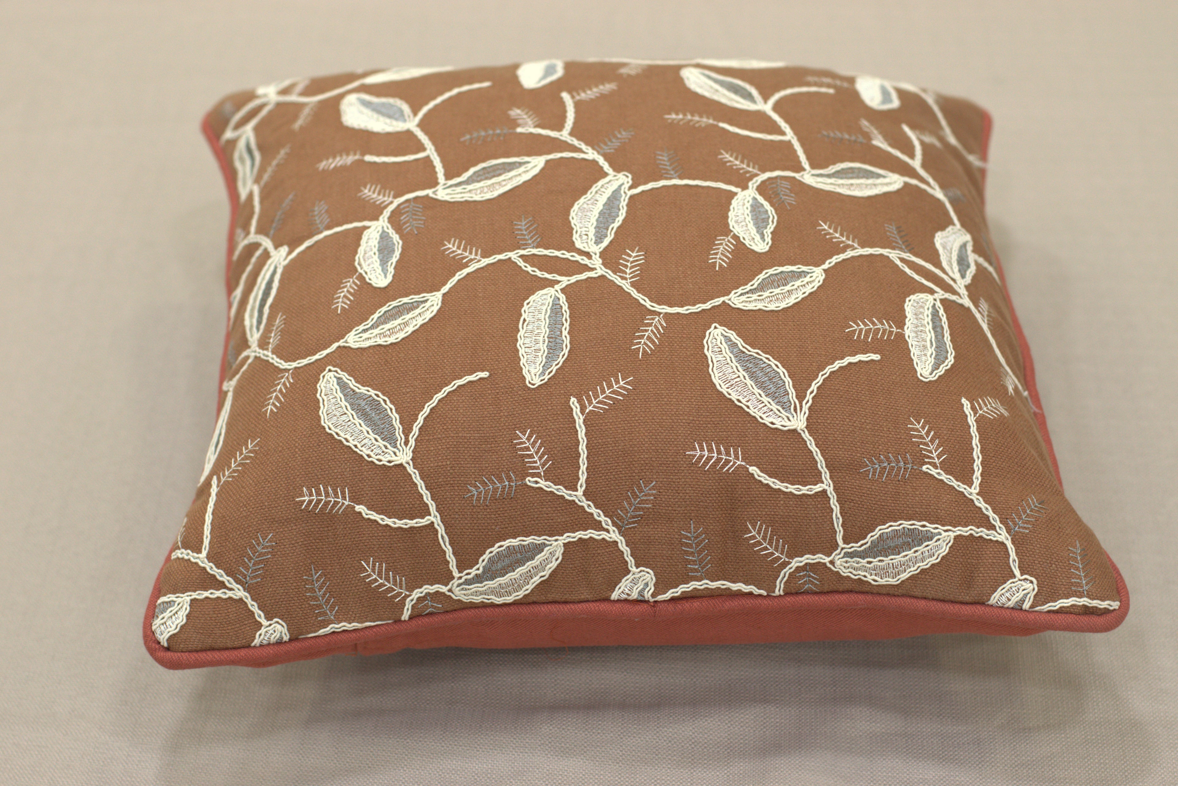 Rust Brown Embroidered Leaf Cushion Cover Set – 16x16 Inches (Set of 5)