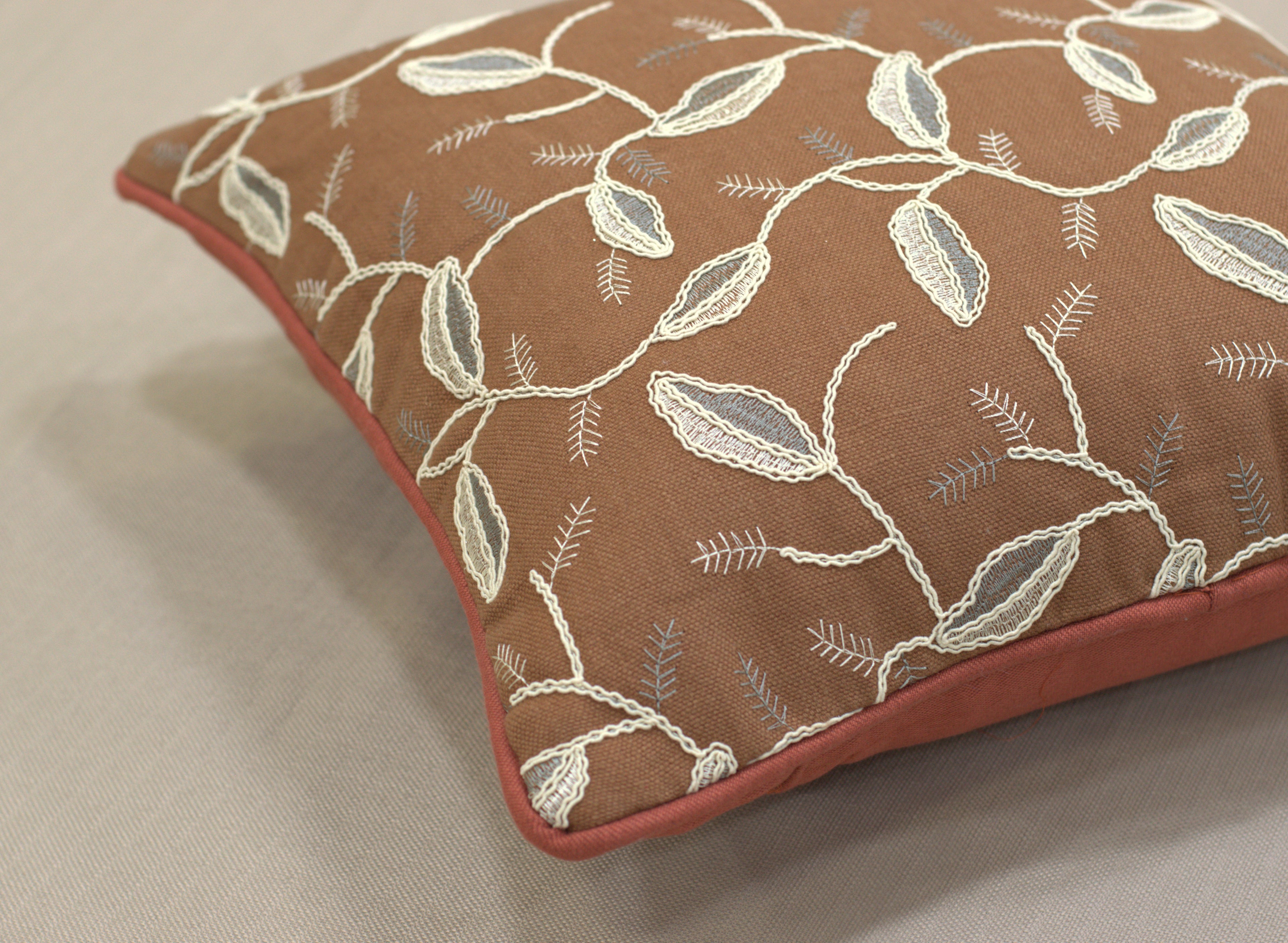 Rust Brown Embroidered Leaf Cushion Cover Set – 16x16 Inches (Set of 5)