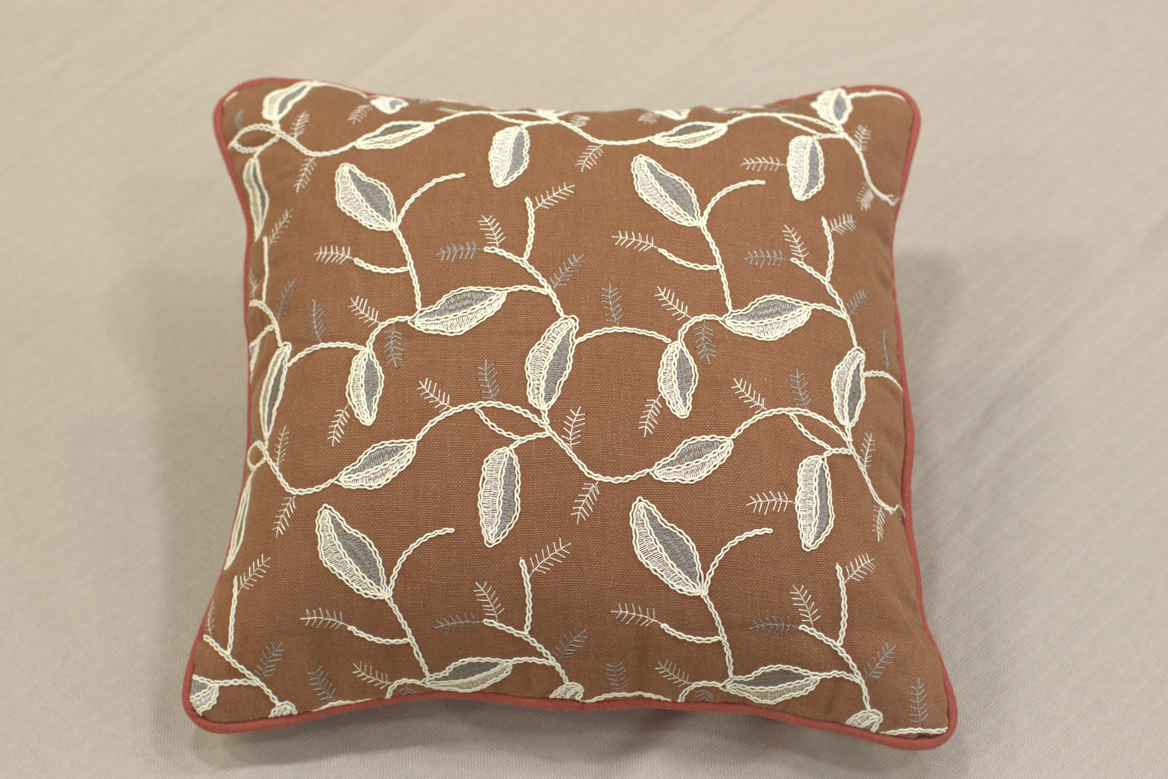 Rust Brown Embroidered Leaf Cushion Cover Set – 16x16 Inches (Set of 5)