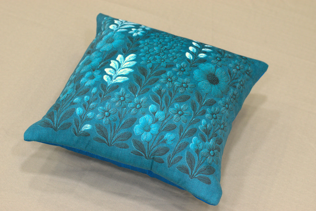 Teal Floral Printed Cushion Cover Set – 16x16 Inch (Set of 5)