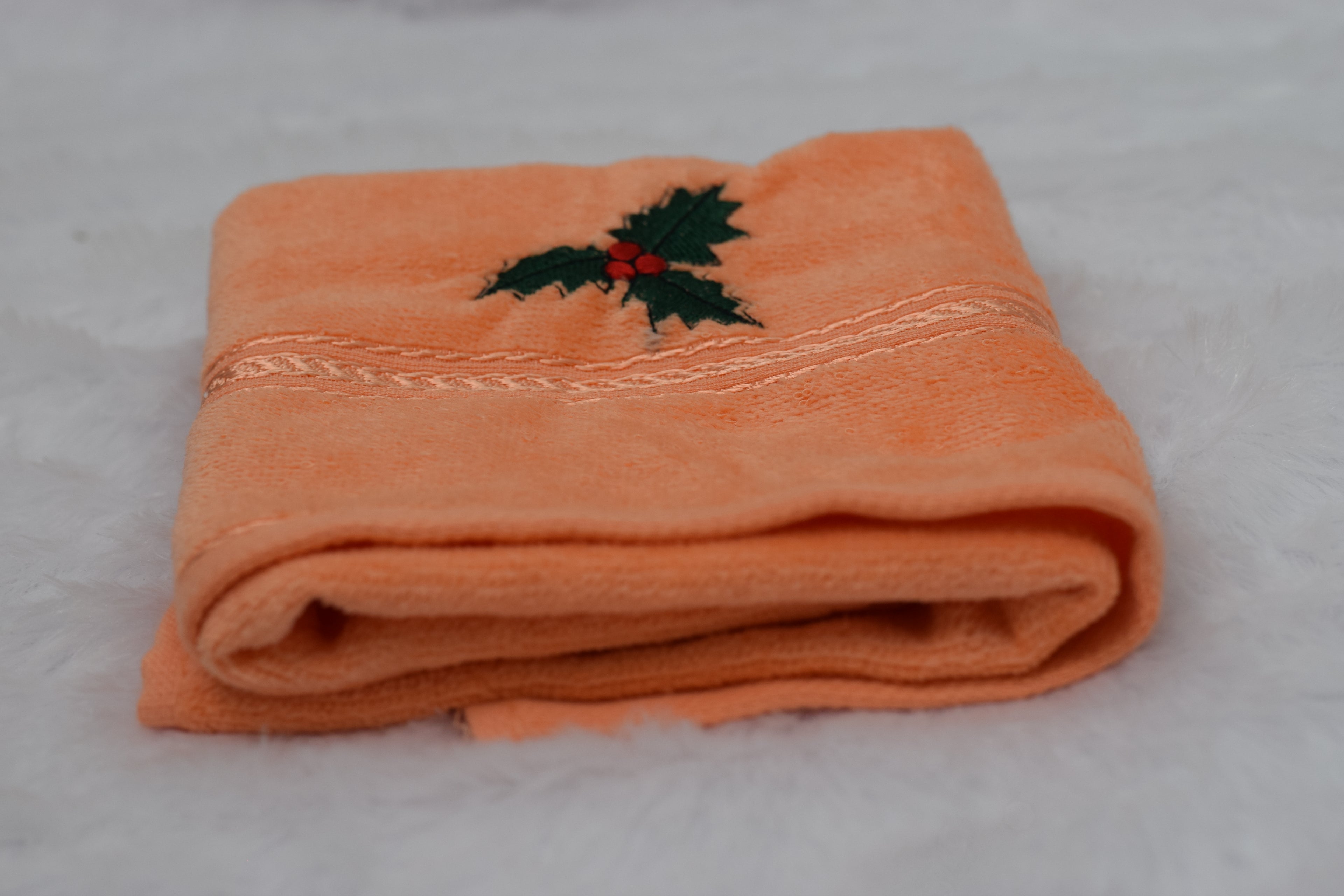 Peach Cotton Embroidered Hand Towel with Decorative Border – Soft & Absorbent