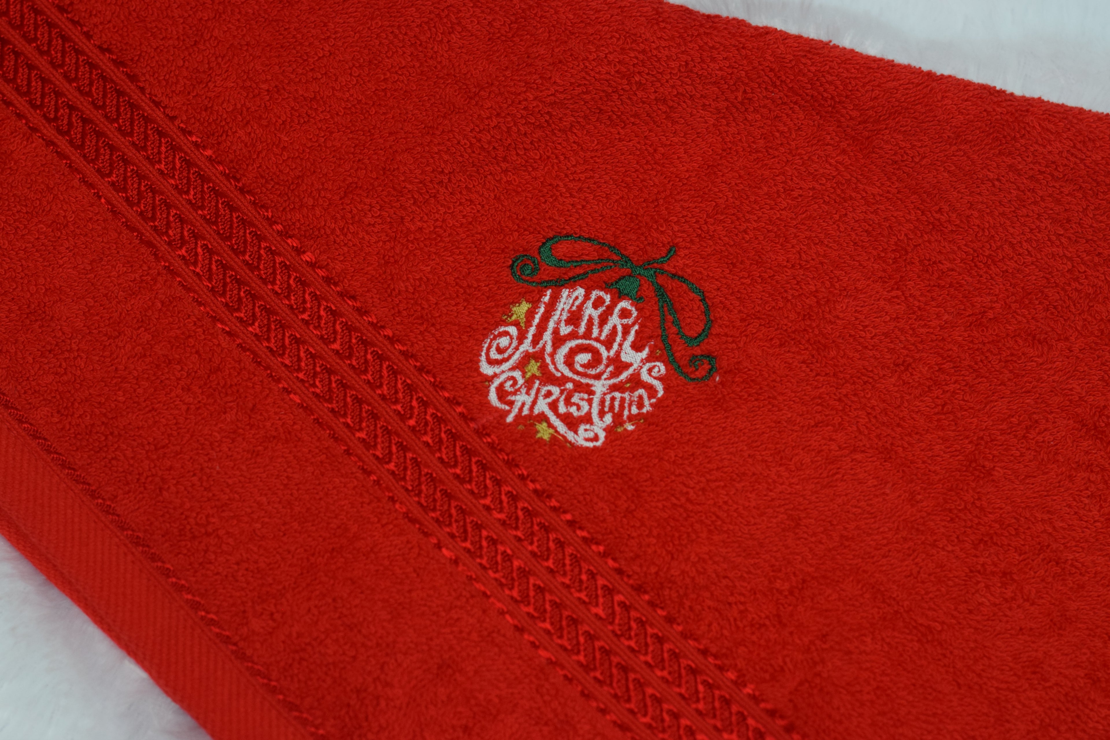 Red Turkish Embroidered Hand Towel – “Merry Christmas” Design– 19x38 Inches