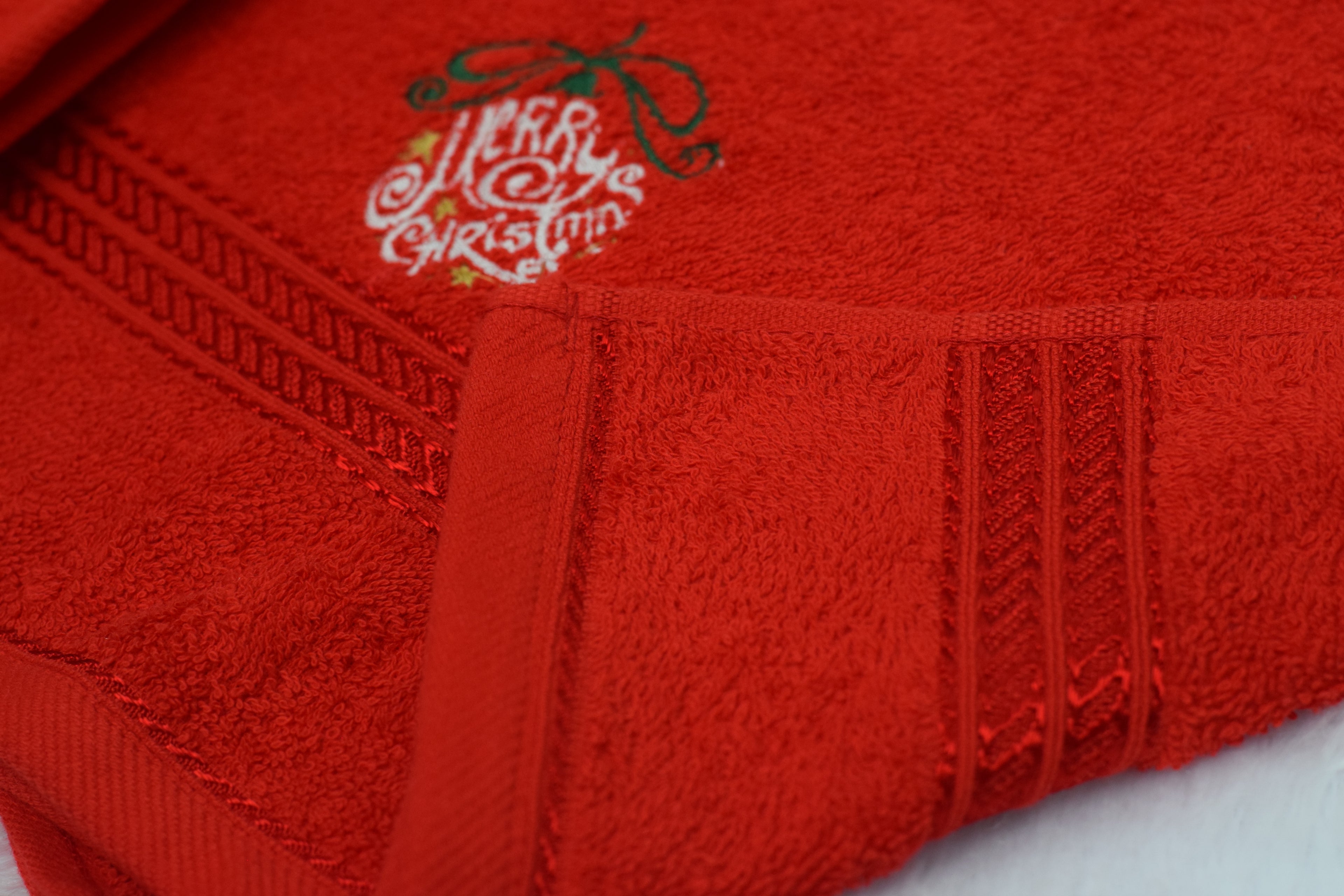 Red Turkish Embroidered Hand Towel – “Merry Christmas” Design– 19x38 Inches