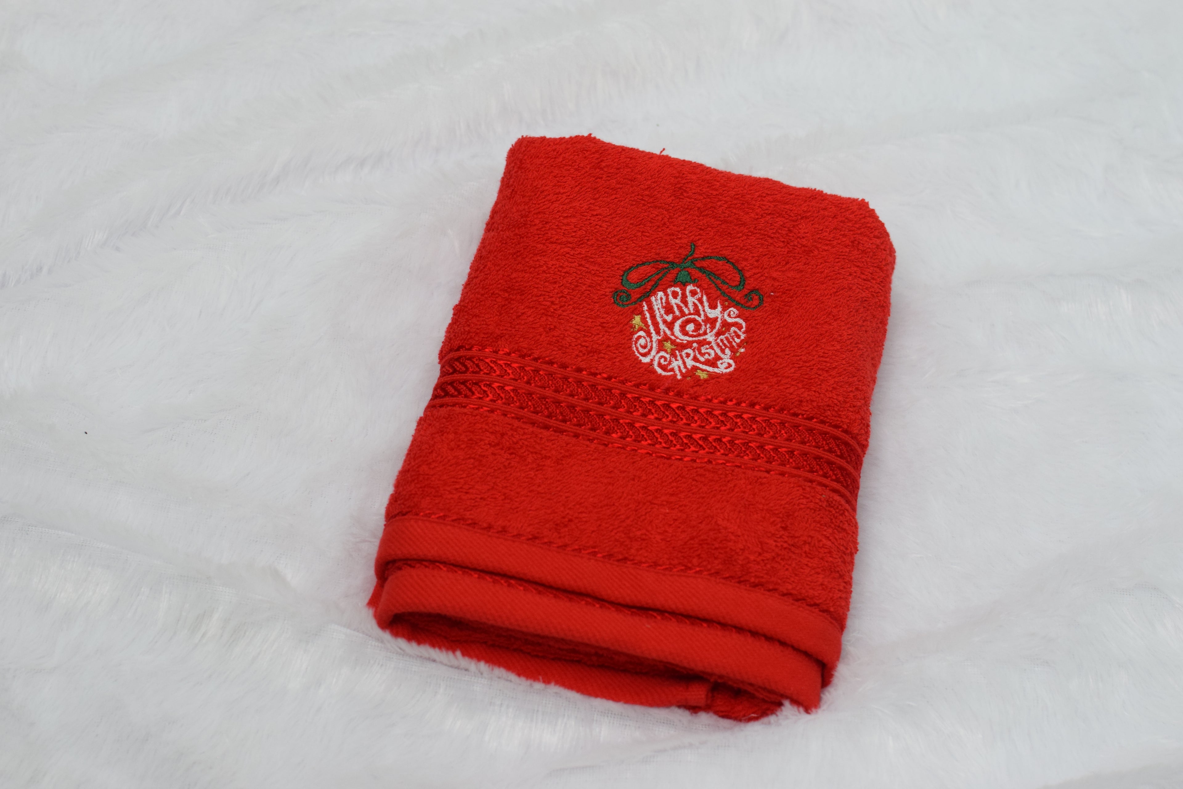 Red Turkish Embroidered Hand Towel – “Merry Christmas” Design– 19x38 Inches