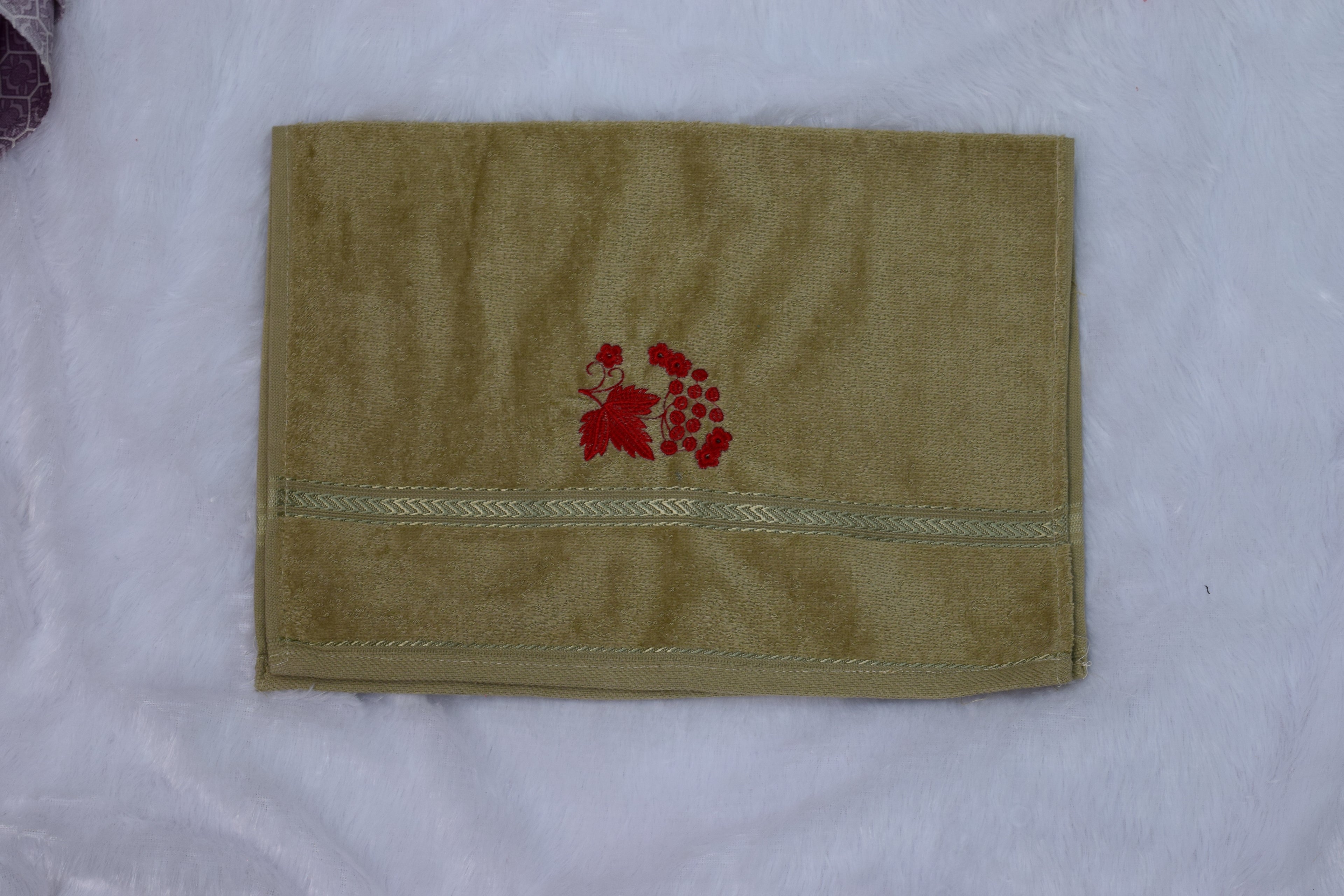 Olive Green Turkish Embroidered Hand Towel - View 2 - Embroidered - Nushio