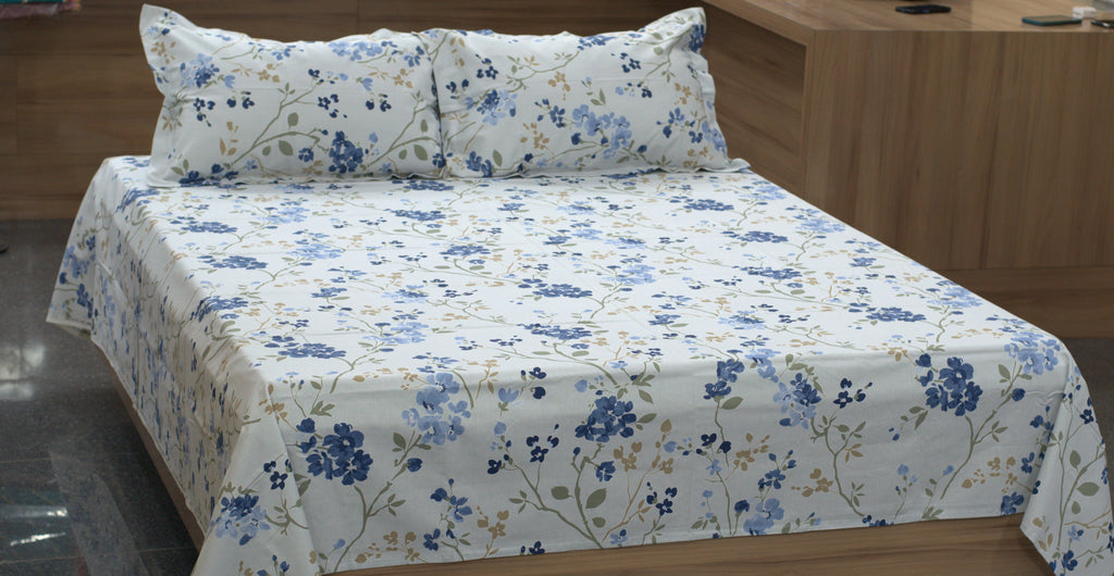 Blue Floral Queen Size Bedsheet with 2 Pillow Covers | Nushio