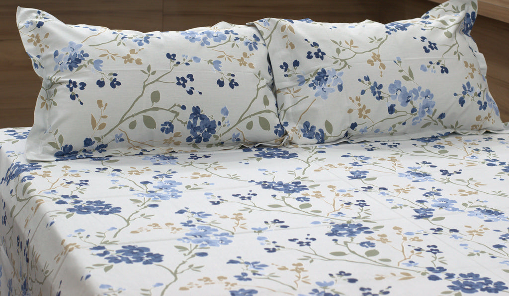Blue Floral Queen Size Bedsheet with 2 Pillow Covers | Nushio