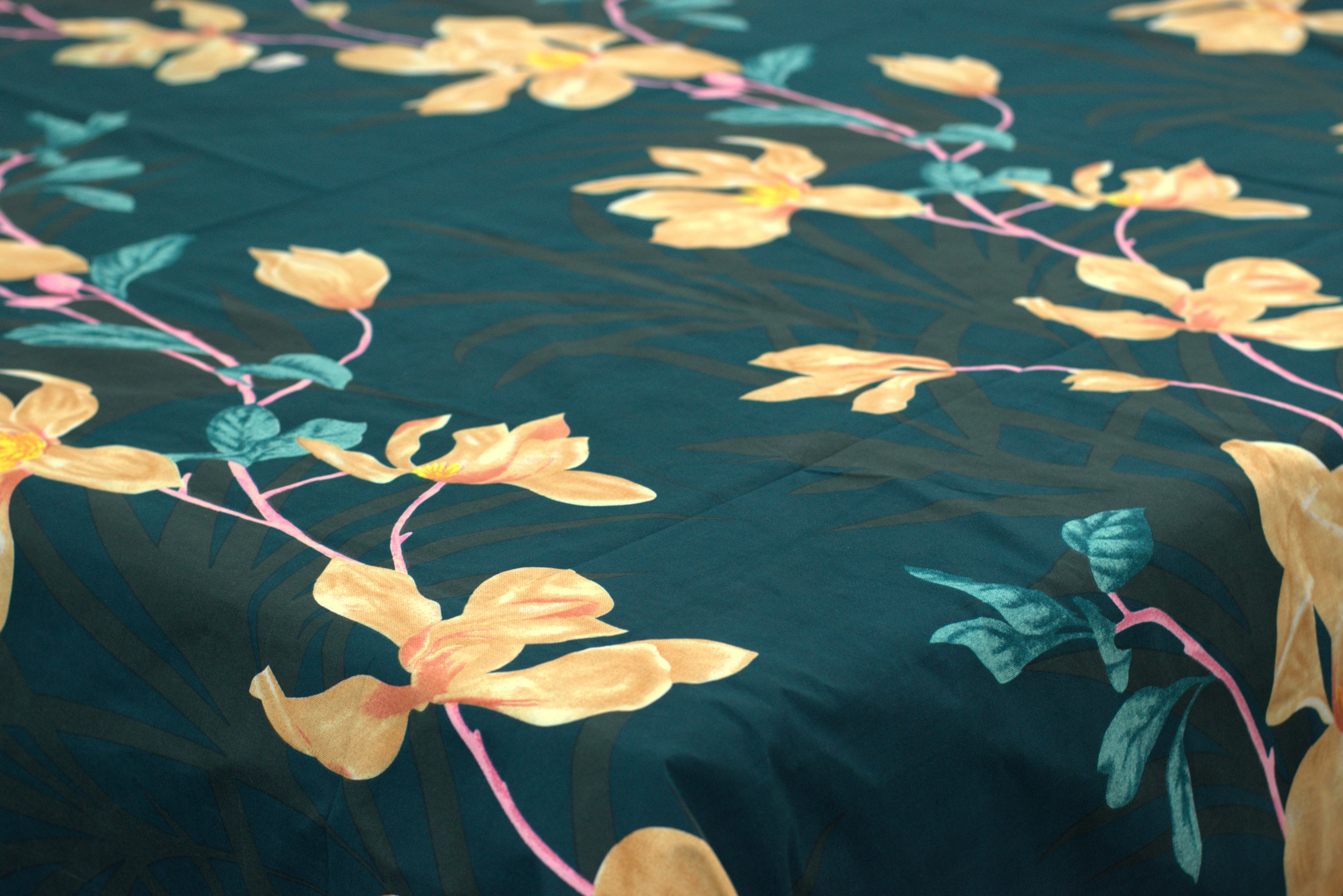 Soft Feel Blend Floral Bedsheet – Dark Teal & Mustard Print (225 x 250 cm)