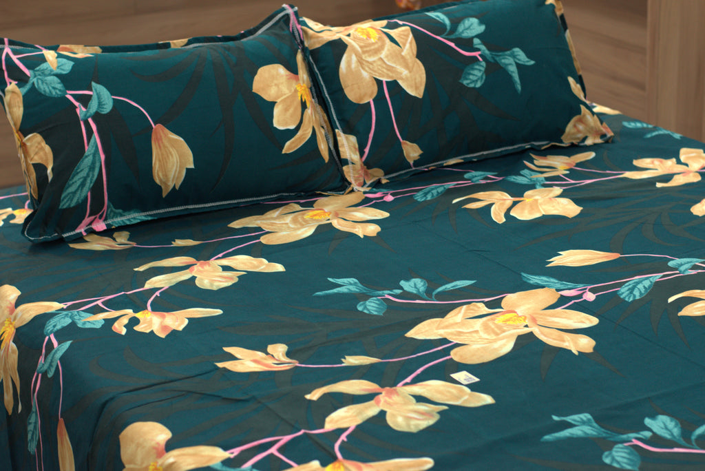 Soft Feel Blend Floral Bedsheet – Dark Teal & Mustard Print (225 x 250 cm)