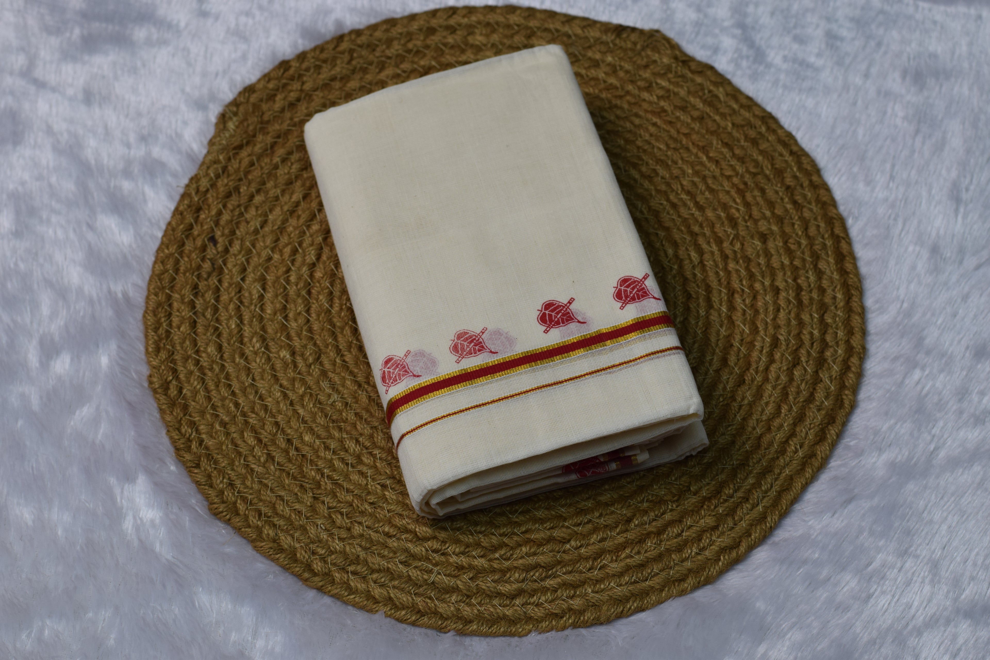 Off-White Traditional set mundu with Red & Gold Border and Motif Design - Main Product Image - Nushio