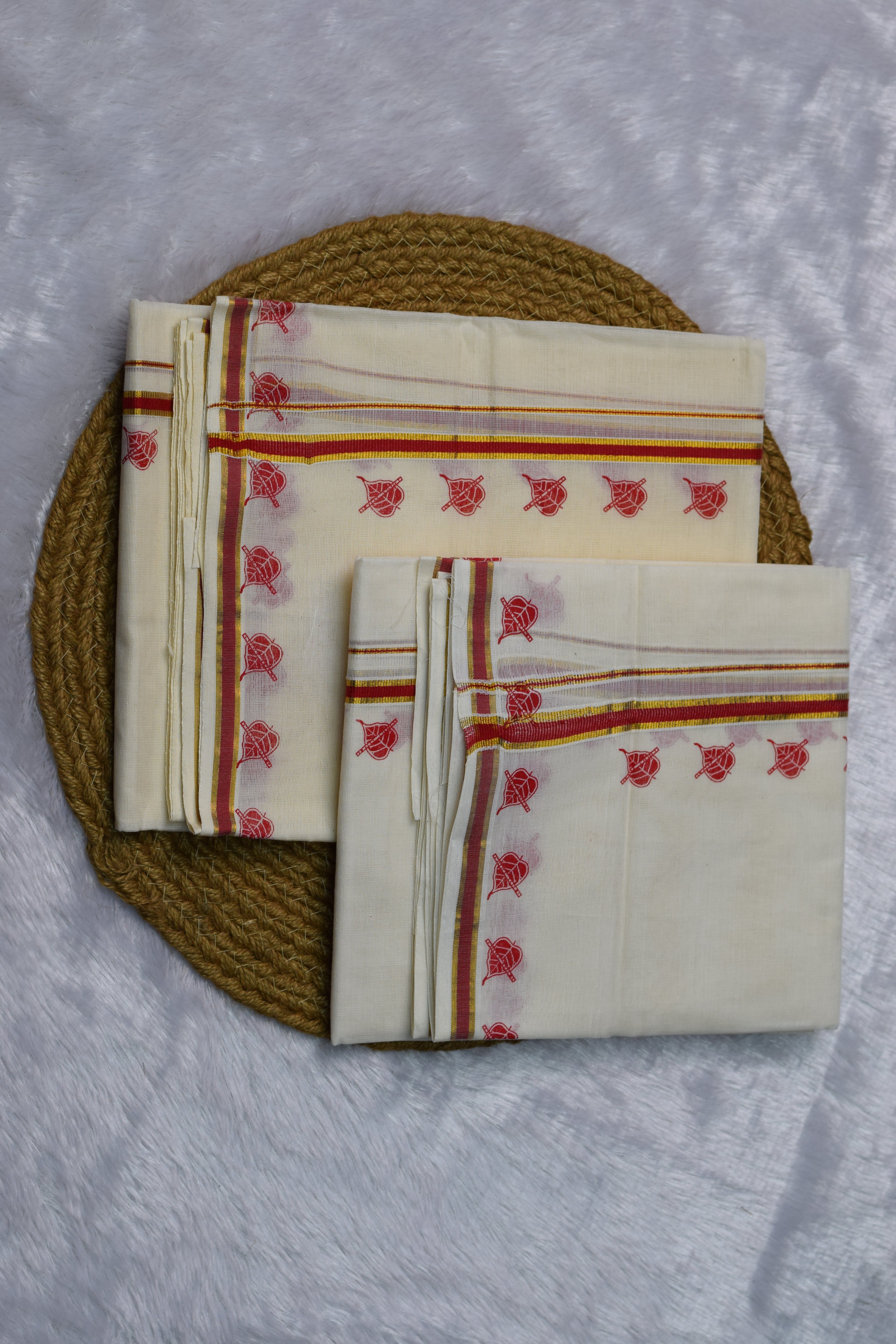 Off-White Traditional set mundu with Red & Gold Border and Motif Design - View 2 - Nushio