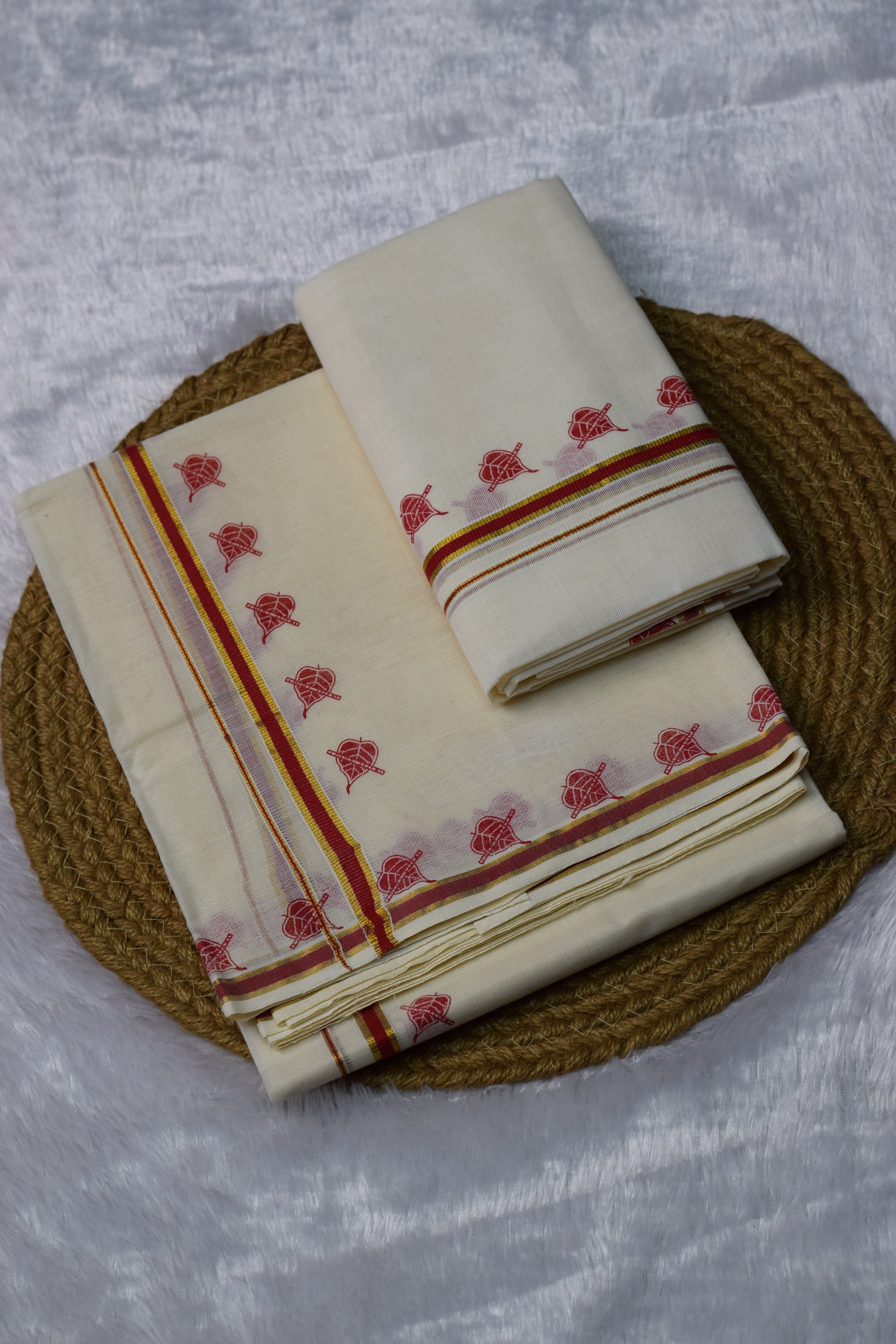 Off-White Traditional set mundu with Red & Gold Border and Motif Design