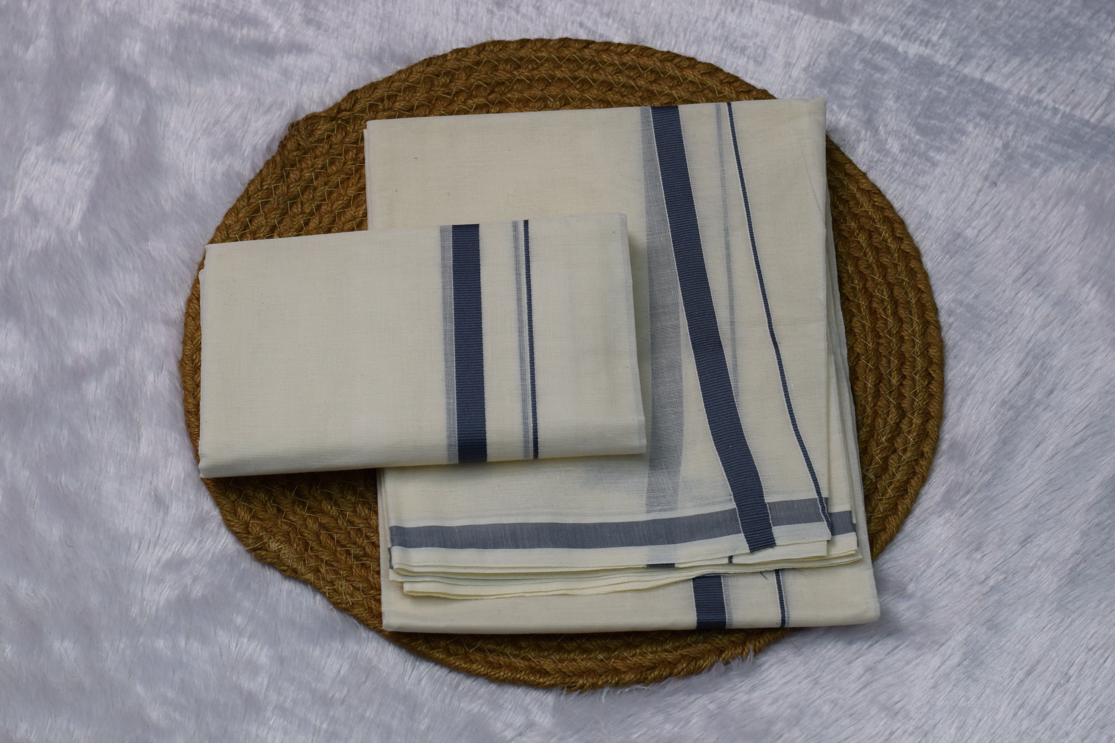 Off-White set mundu with Grey Border Stripe - View 2 - Nushio