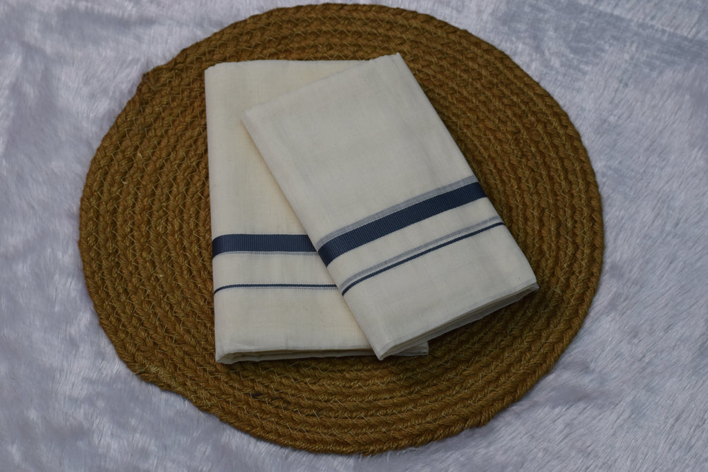 Off-White set mundu with Grey Border Stripe - Main Product Image - Nushio