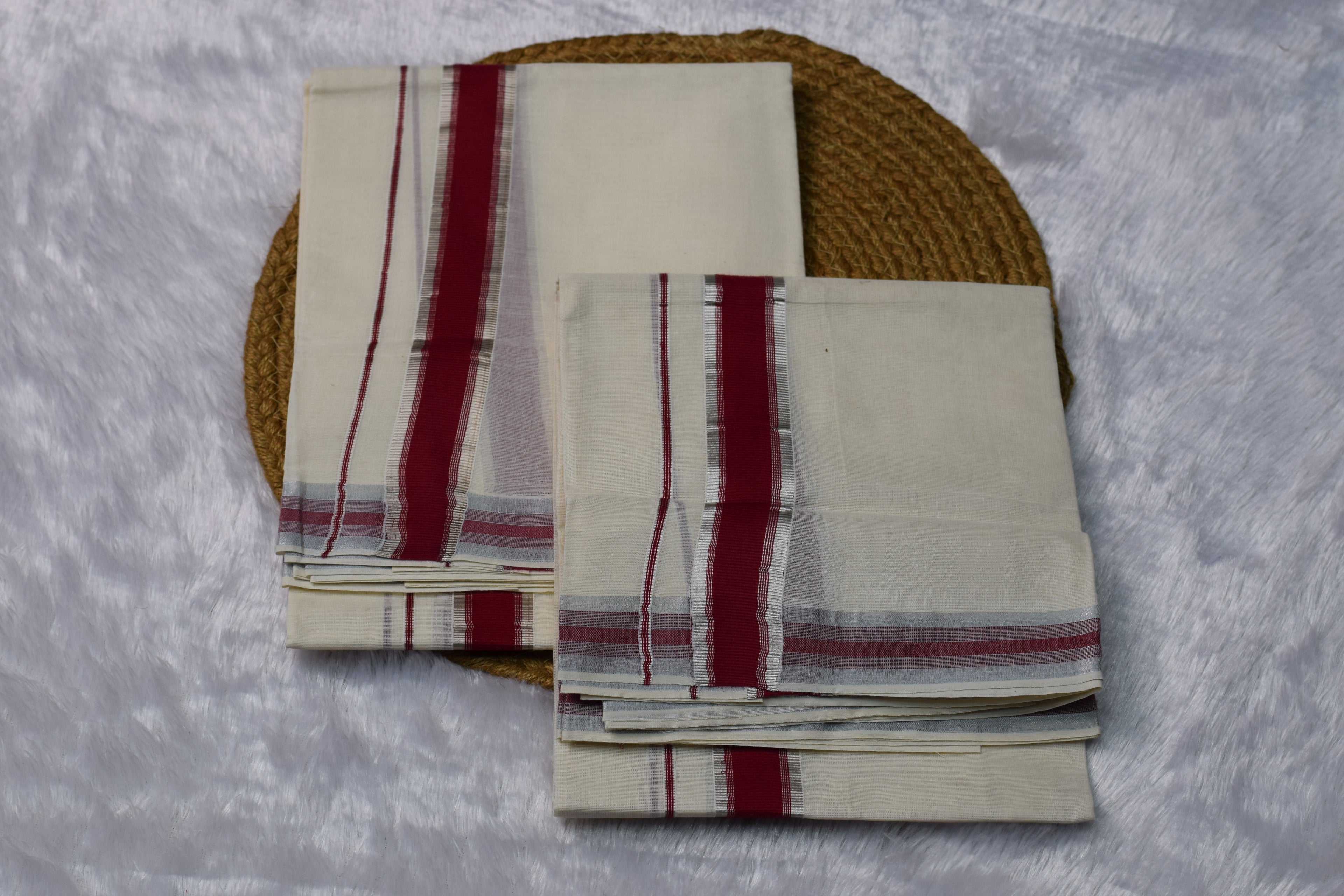 Off-White set mundu with Gold Zari Border & Red Design - View 3 - Nushio