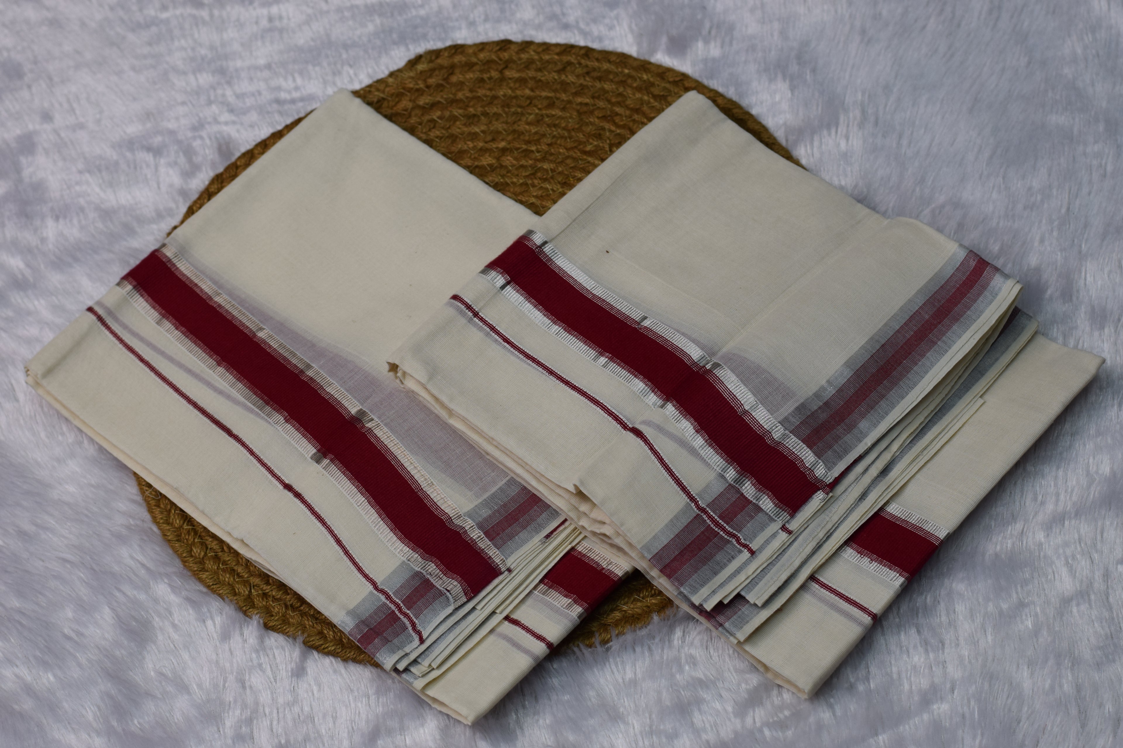 Off-White set mundu with Gold Zari Border & Red Design