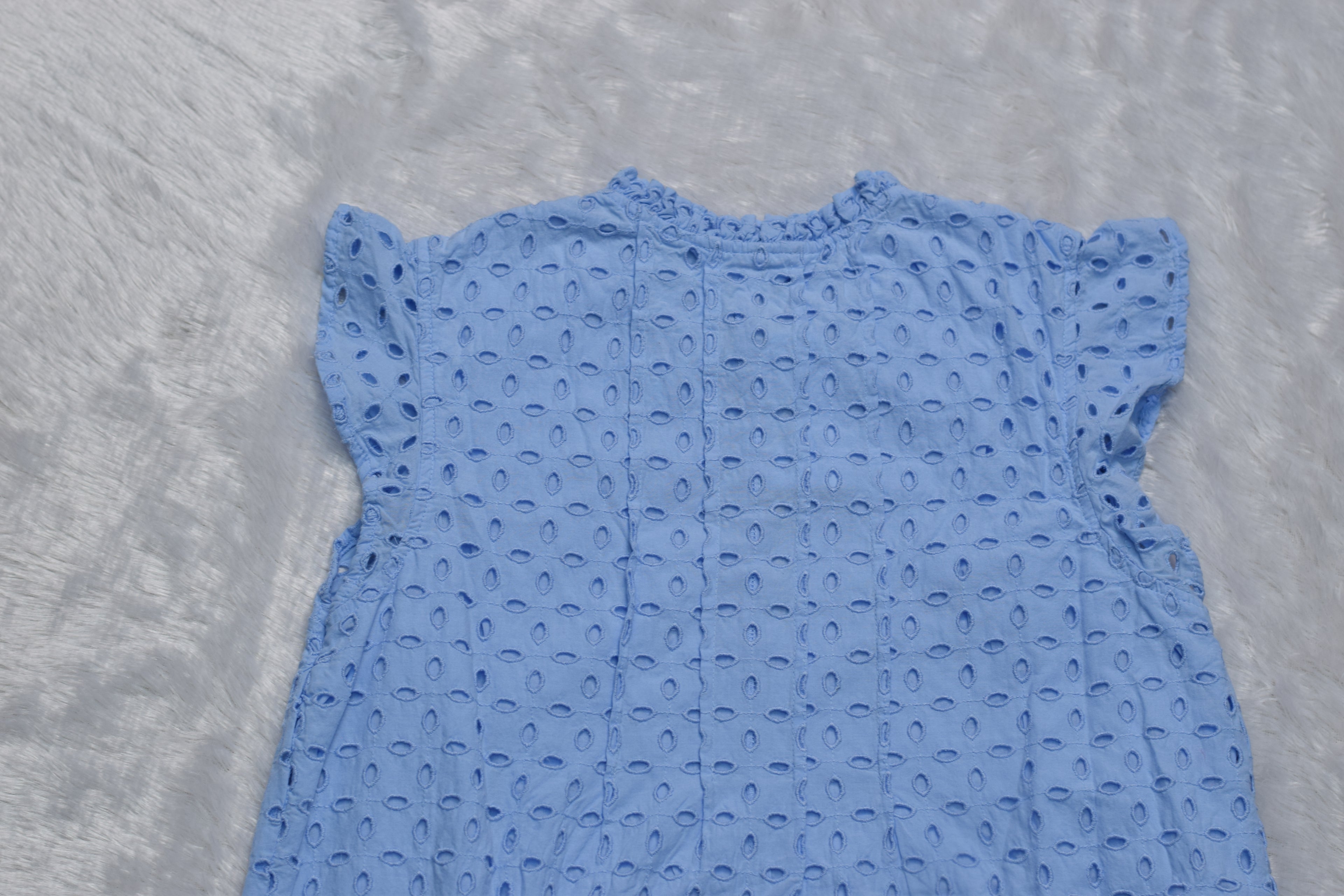 Sky Blue Cotton Eyelet Kids Frock with Ruffle Sleeves